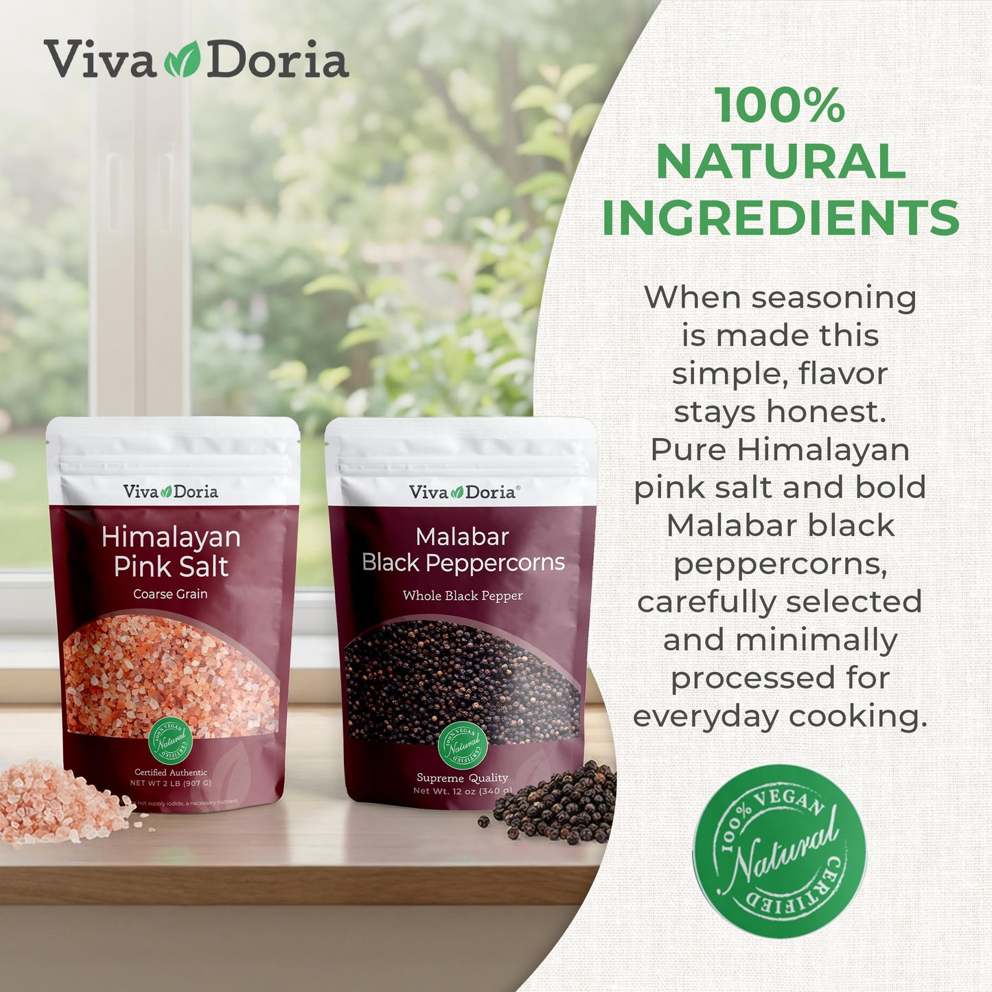 Viva Doria Malabar Whole Black Peppercorns, 12 Oz & Himalayan Pink Salt, Coarse Grain, 2 lb | Mineral Salt & Whole Black Pepper | Combo Pack | Grinder Refill Pack | Refills for Grinders