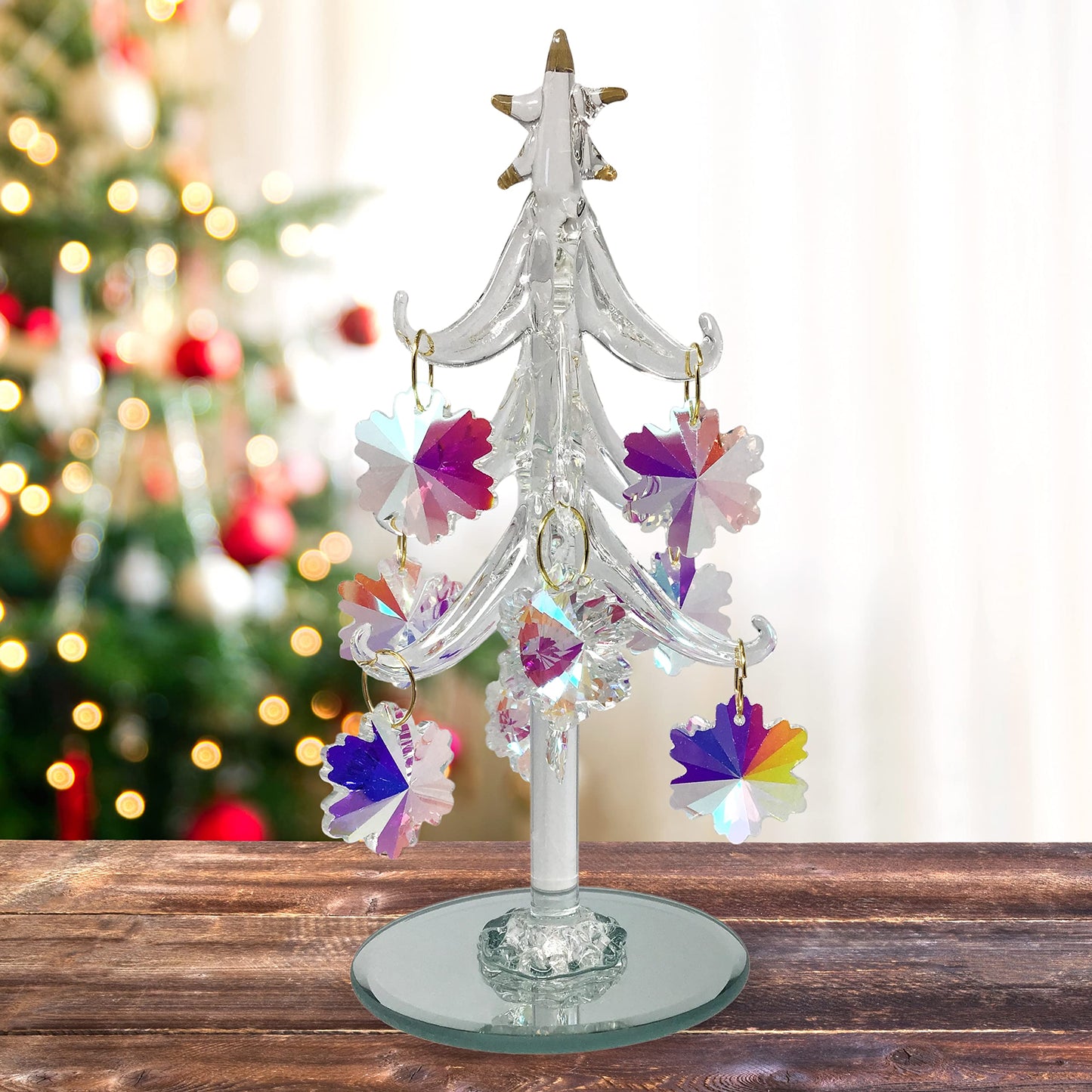 Tabletop Christmas Tree - Spun Glass with Gold Trimmed Star - Includes 9 Iridescent Crystal Snowflake Ornaments - Mirrored Base is 2 3/4" D - Tree is 6" H