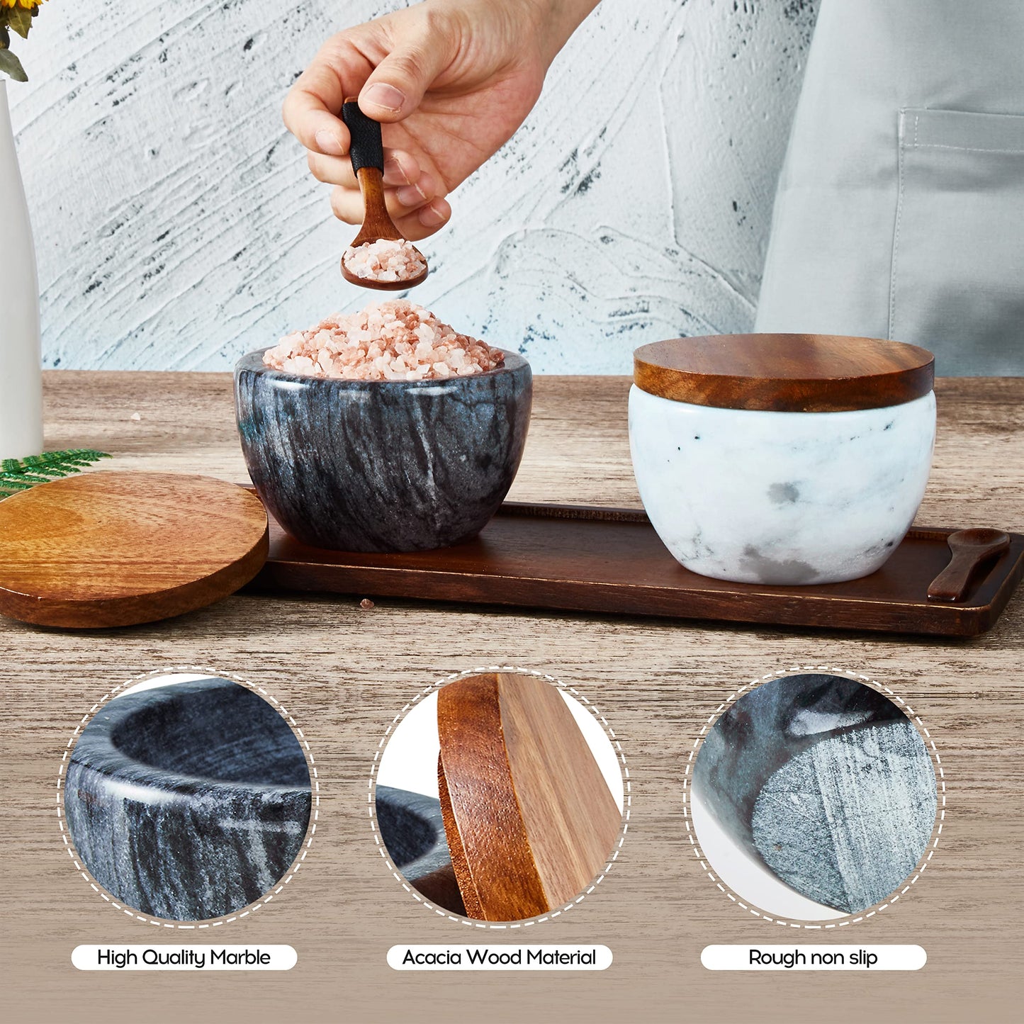 MarcZero Large Salt Box Spice Seasonings Keeper Pepper Container,Marble Base with Wooden Cover,Salt Cellar Big Capacity Elegant Design (Dark Grey)