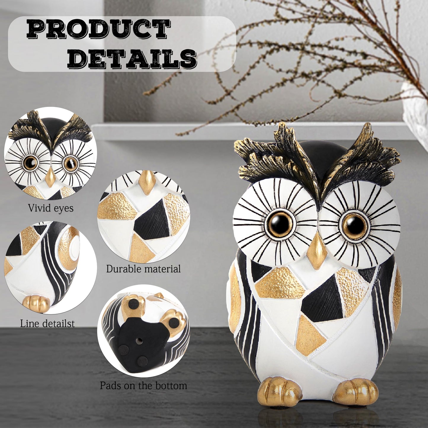 Wiresusan Modern Black and Gold Owl Statue Unique Minimalist Owl Figurine for Home Decor Shelves, Bookshelves, Office Desk Accents Whimsical Animal Sculpture Art Deco Gift for Woman Mom Bird Lovers