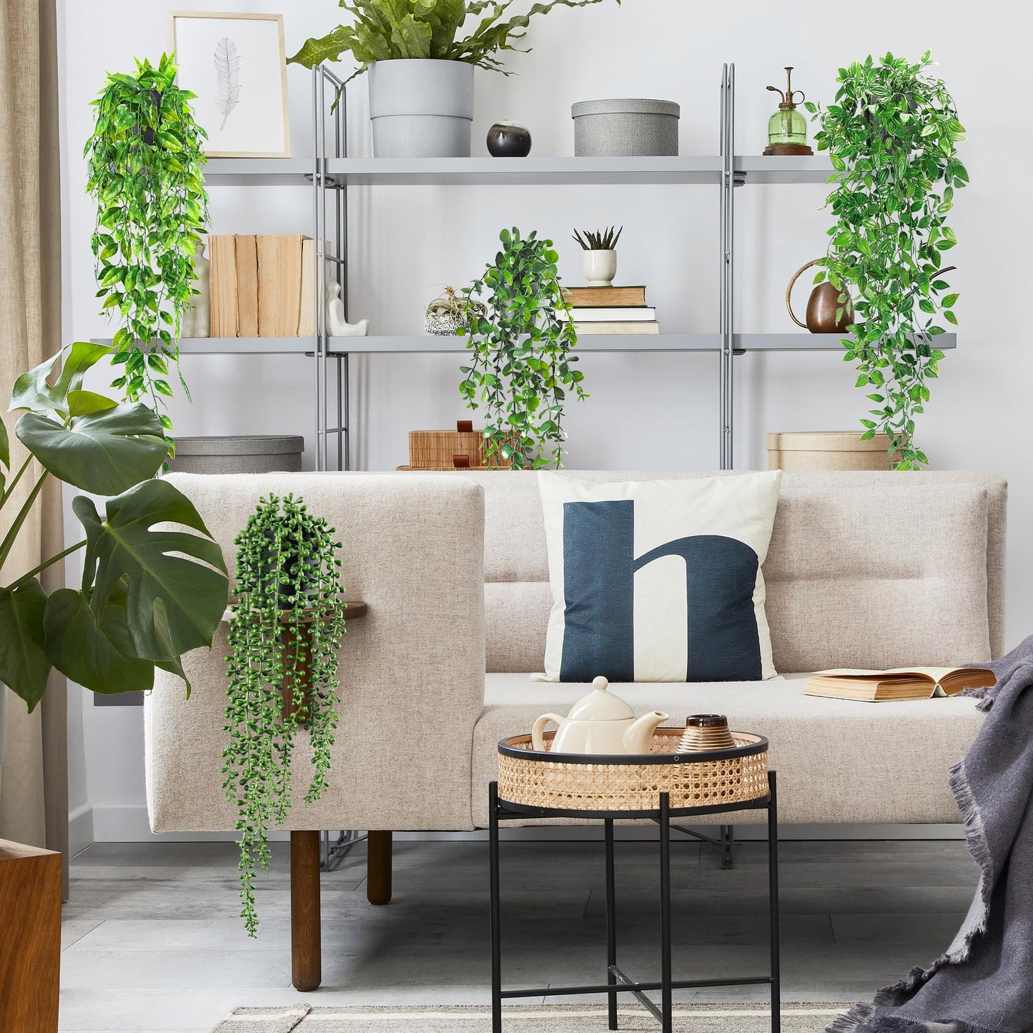 USLAI Artificial Hanging Plants Vine, Fake Potted Greenery Faux Eucalyptus, Mandala, String of Pearls, Pea Pod Leaves in Pot for Office Living Room Bathroom Indoor Outdoor Décor (4 Pack)
