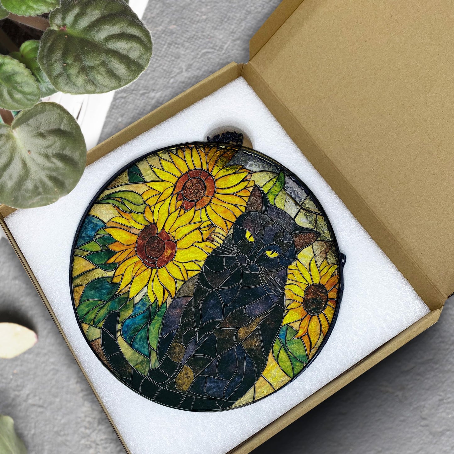 Hiuwevt Black Cat Sunflower Suncatcher Stained Glass Window Hanging, Cat Flower Sun Catchers Indoor Window Glass Wall Art Decor, Black Kitten Sunflower Round Wall Hanging Decorations, 7.9x7.9 inch