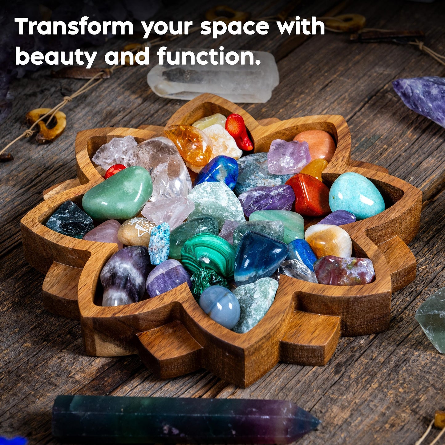 Curawood Lotus Crystal Display Tray - Showcase Your Gems, Healing Stones & Treasures - 8"x8" Wooden Rock Bowl, Crystal Holder for Stones Display Shelf, Gemstone Rock Holder Charging Bowl (Blossom)