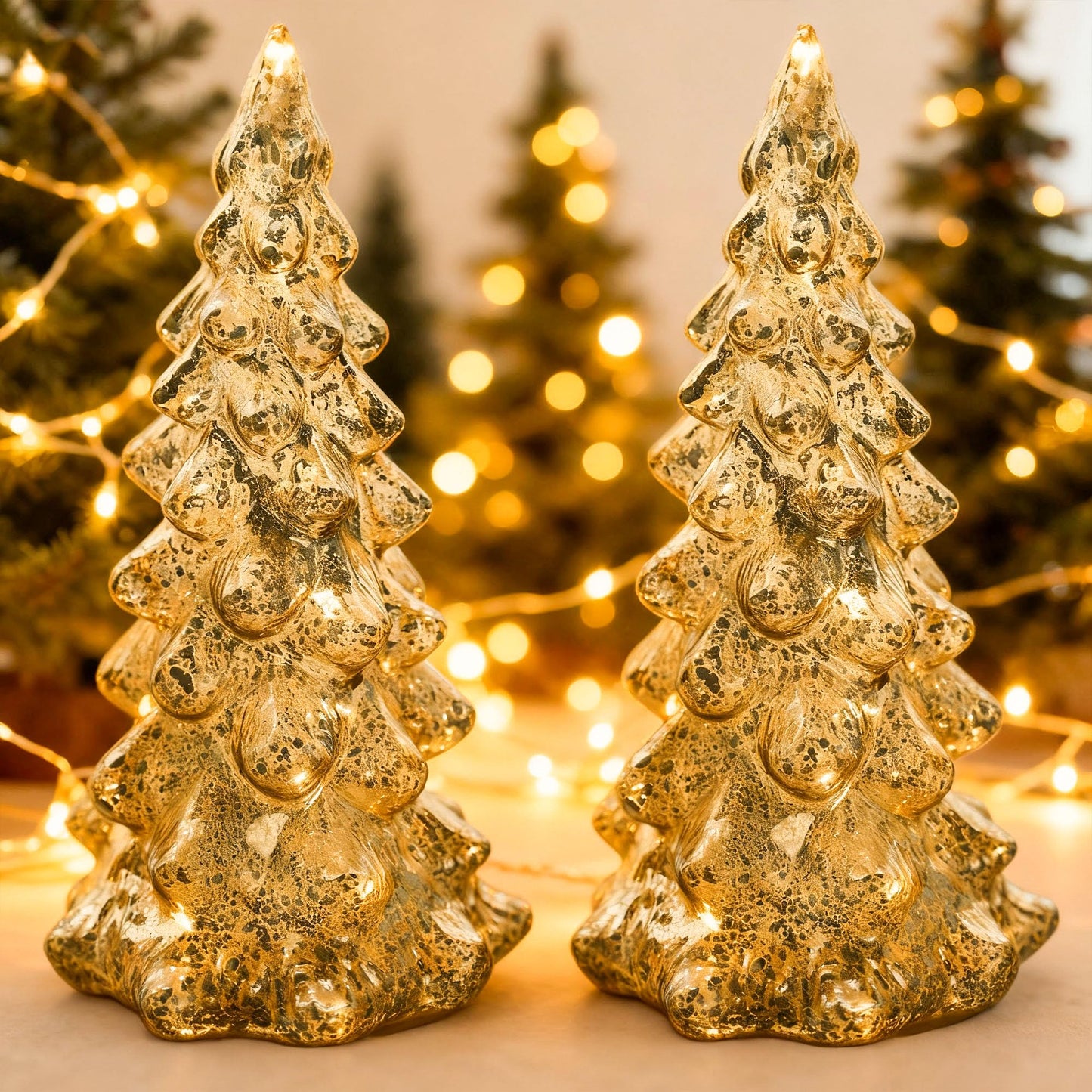 vskikris Set of 2 Mercury Glass Christmas Tree Set Gold Glass Christmas Trees Collectible Figurines with Led Indoor Table Centerpiece Decorations Mantel Gift