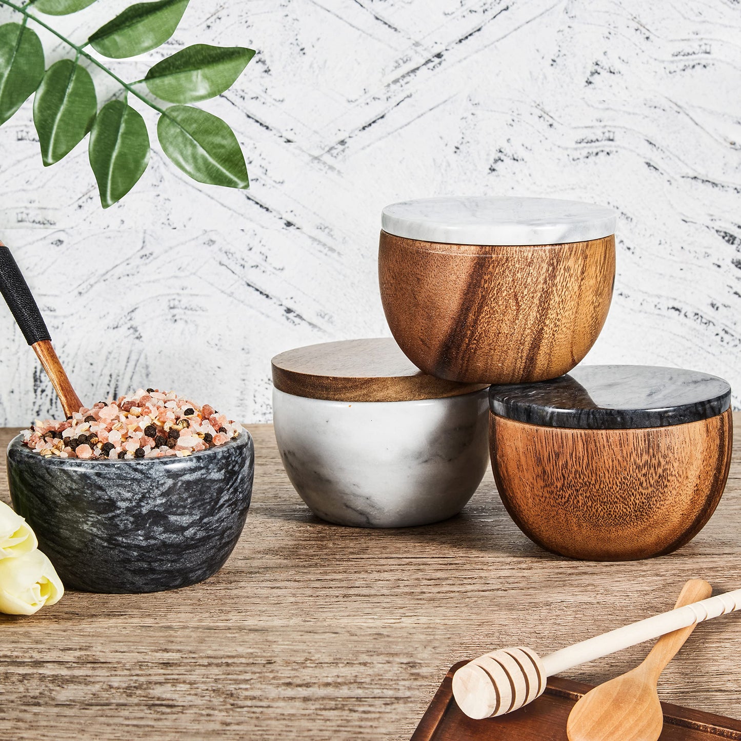 MarcZero Large Salt Box Spice Seasonings Keeper Pepper Container,Marble Base with Wooden Cover,Salt Cellar Big Capacity Elegant Design (Dark Grey)