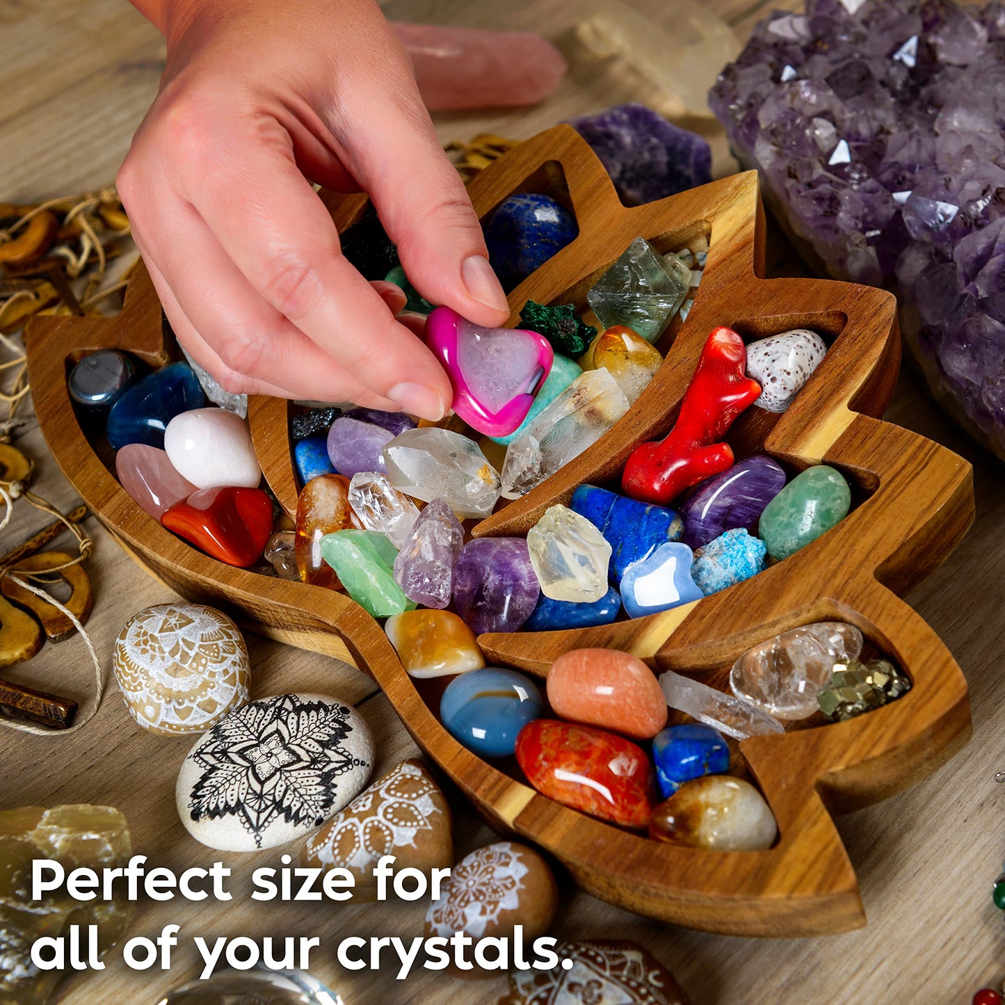 Curawood Lotus Crystal Display Tray - Showcase Your Gems, Healing Stones & Treasures - 11"x7" Wooden Rock Bowl, Crystal Holder for Stones Display Shelf, Gemstone Rock Holder Charging Bowl (Horizon)