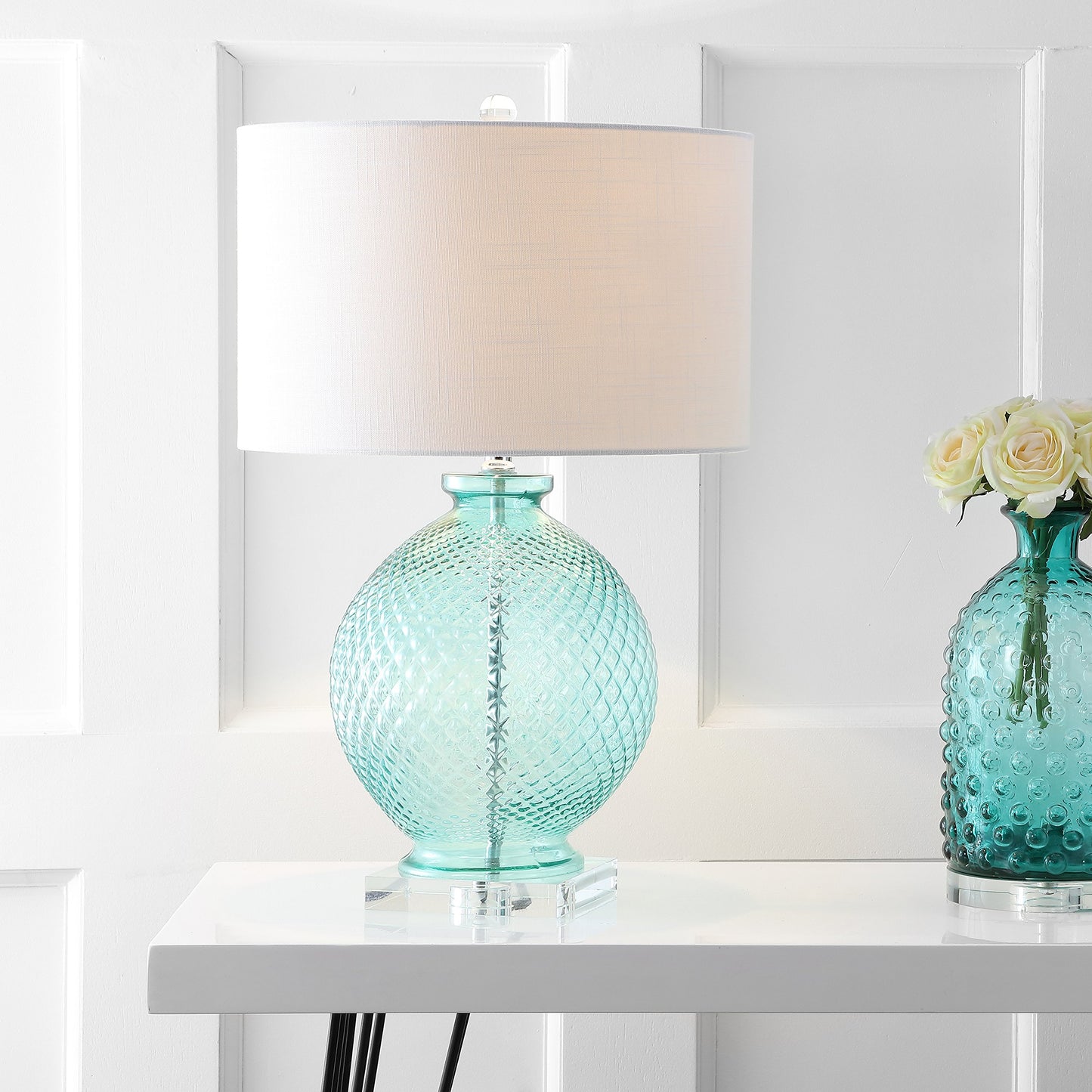 JONATHAN Y 26" Aqua Diamond-Etched Glass and Crystal Table Lamp, Coastal Transitional Bedside Lamp with White Linen Drum Shade for Living Room, LED Bulb Included JYL2003A