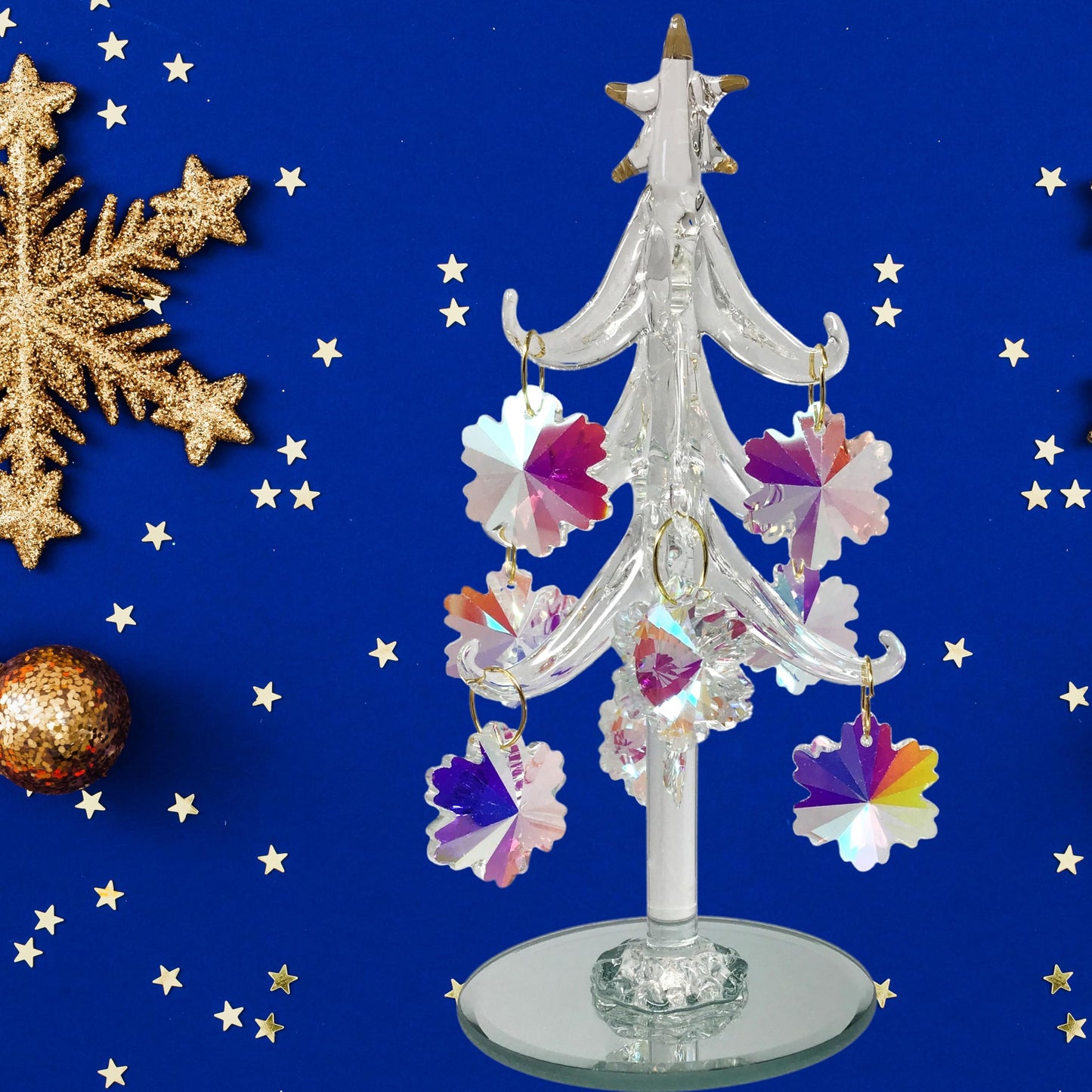 Tabletop Christmas Tree - Spun Glass with Gold Trimmed Star - Includes 9 Iridescent Crystal Snowflake Ornaments - Mirrored Base is 2 3/4" D - Tree is 6" H