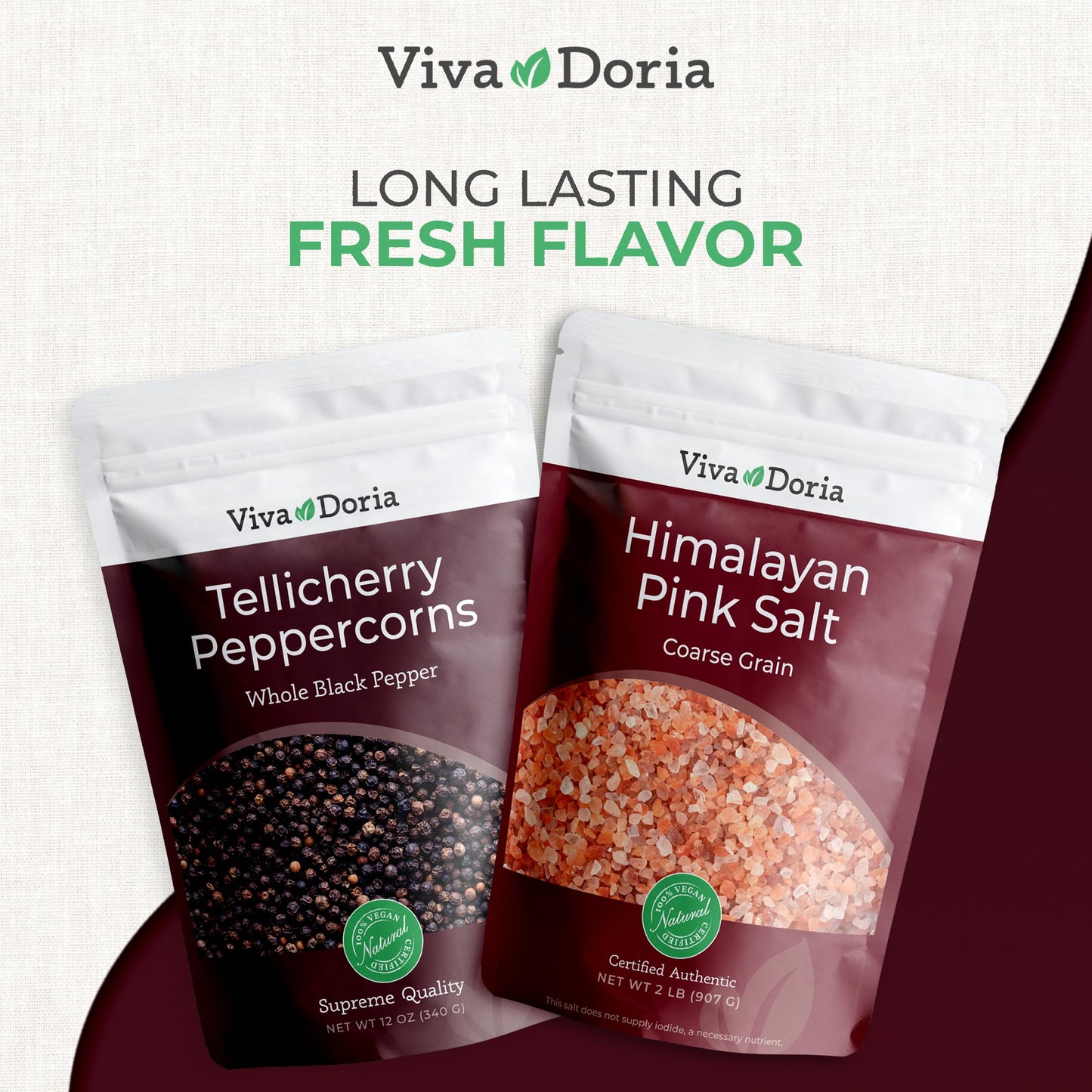 Viva Doria Tellicherry Whole Black Peppercorns, 12 oz & Himalayan Pink Salt, Coarse Grain, 2 lb | Salt and Pepper Combo, For Grinder Refills, 2 Piece Set