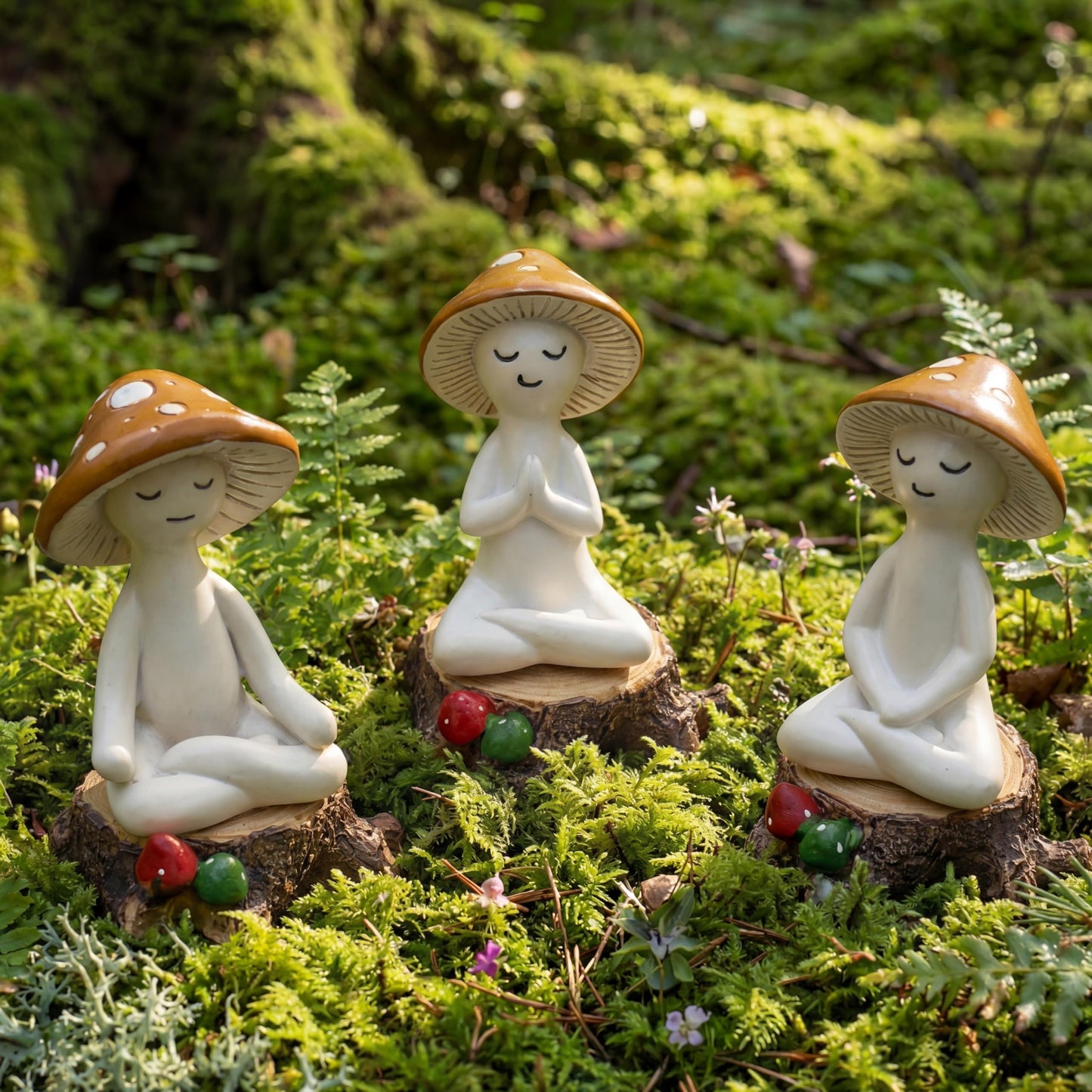 Fiwochic 3 Pcs Meditation Mushroom Statue Resin Yoga Mushroom Figurine with Stump Base Cute Spring Meditation Tabletop Plant Statues Decor for Desk Living Room Patio Home Office Garden Backyard