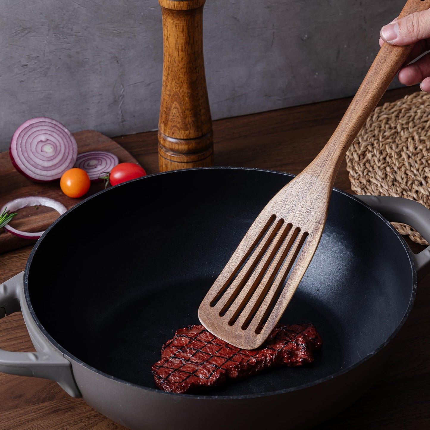 Wooden Spatulas & Spurtle Sets of 2, 13.25" Durable Flat Turner and Slotted Spatula for Nonstick Cookware, Long Handle Natural Acacia Wooden Cooking Utensils, Kitchen Utensils Set for Cooking