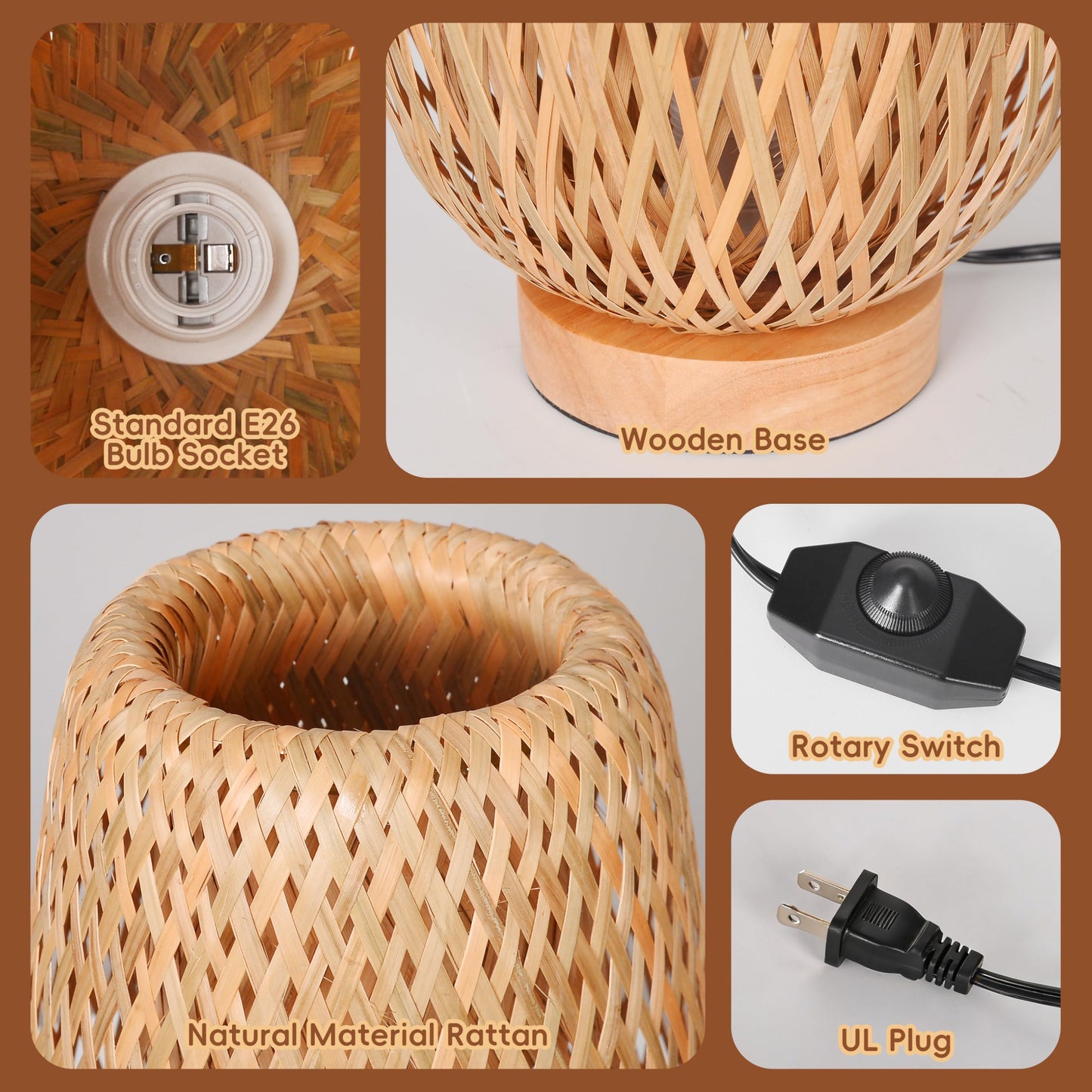 WALMHEIM Boho Bamboo Table Lamp, Dimmable Rustic Farmhouse Hand Wicker Desk Lamp Bedside Lamps Night Light Decorations for Bedroom, Living Room, Home Office, Nursery, Reading Nook (Bulb Included)