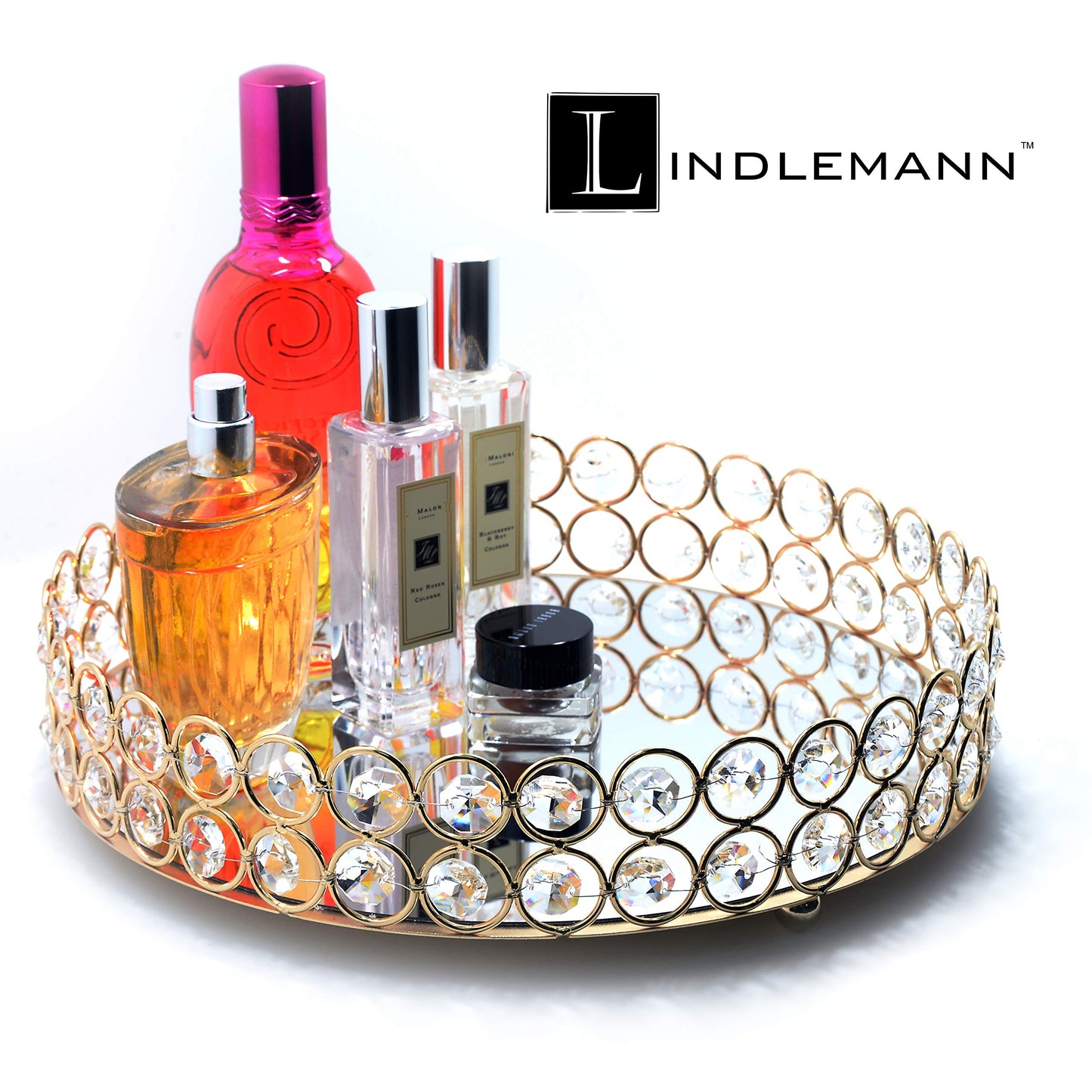 LINDLEMANN Crystal Decorative Tray Metal Mirrored Perfume Cosmetic Organizer Jewelry Trinket Display Storage Vanity Trays Home Décor Accents Luxury Gift (Round, 10in, Gold)
