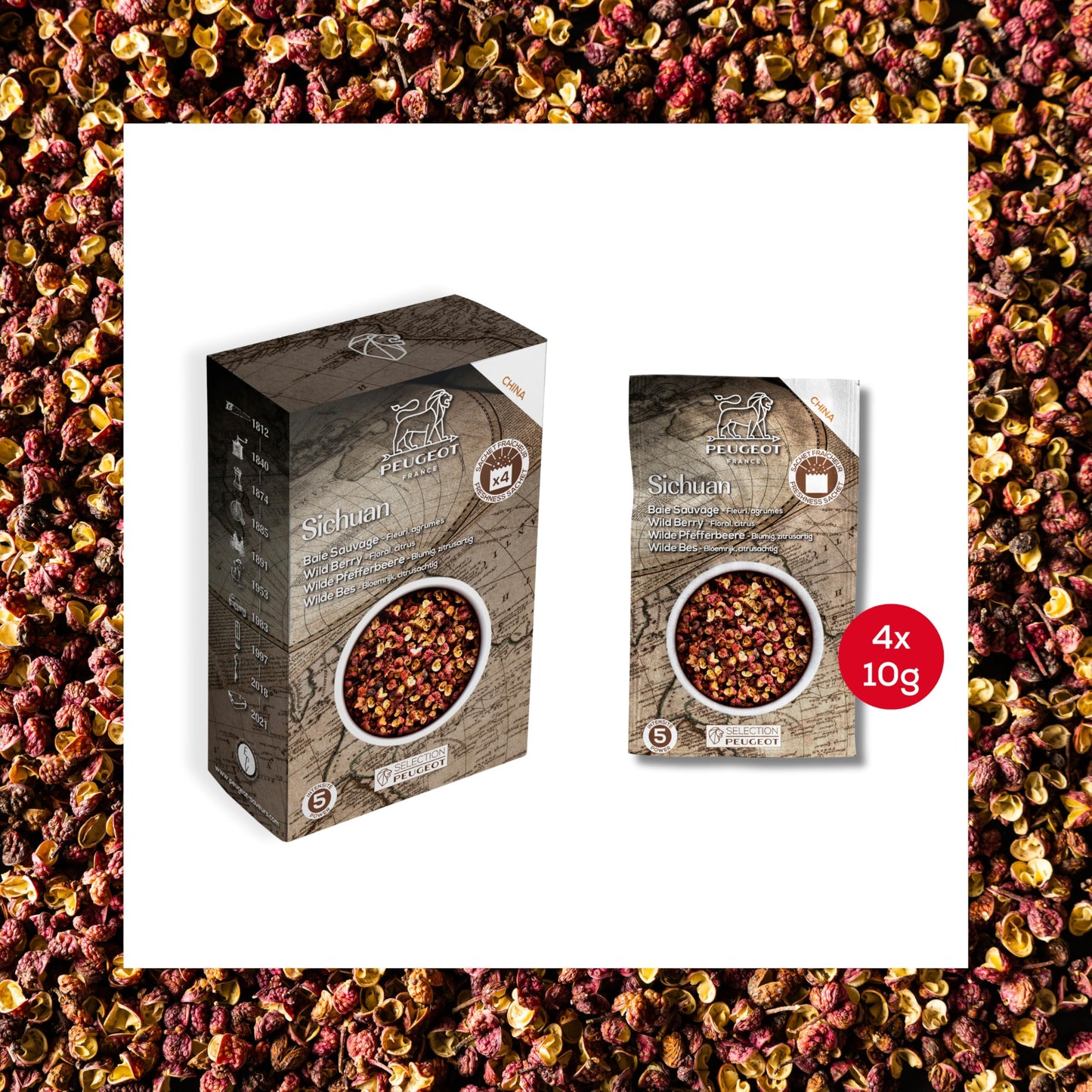 Peugeot Salt & Pepper Spice Bundle-15 Sealed Packets Total-4 Timut Wild Peppercorns, 4 Sichuan Red Peppercorns, and 7 Pink Bolivian Salt-Spice Refills for Grinders, 430g