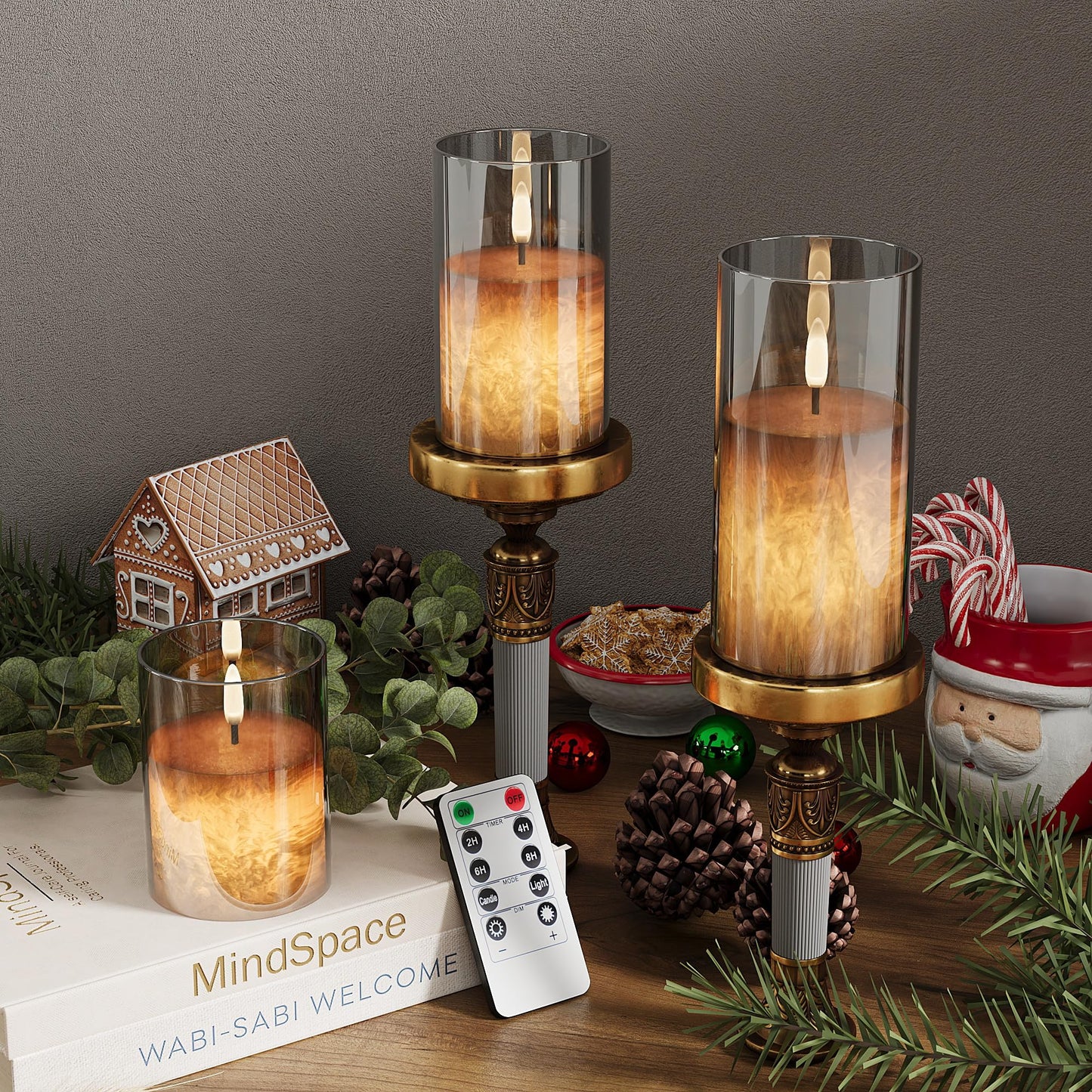 Battery Operated Flameless Candles with Remote & Timer, Grey Glass 3Pack