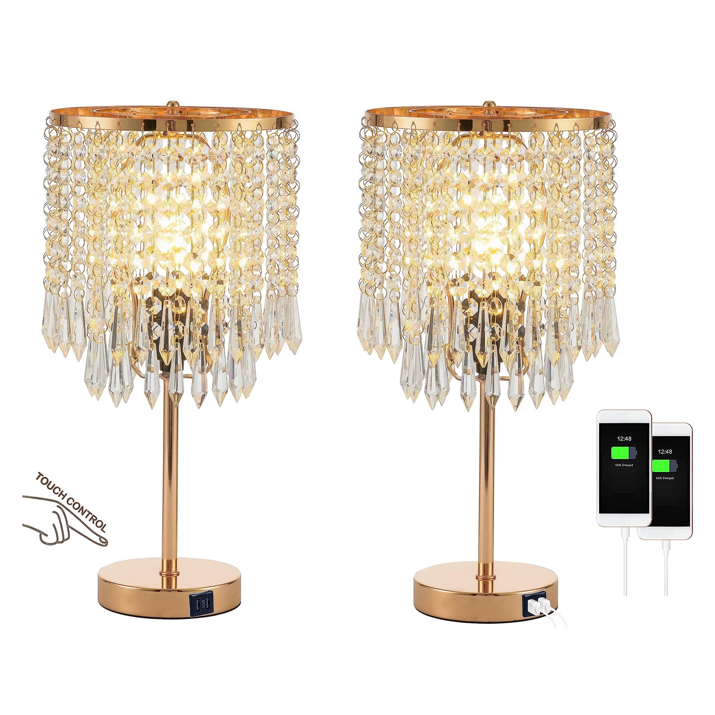 Popity home Crystal Table Lamps Set of 2, Gold Lamps for nightstand with 2 USB Charging Ports, 3-Way Touch Dimmable Crystal Desk Lamp, Gold Bedside Lamp with Elegant Shade for Bedroom, Living Room