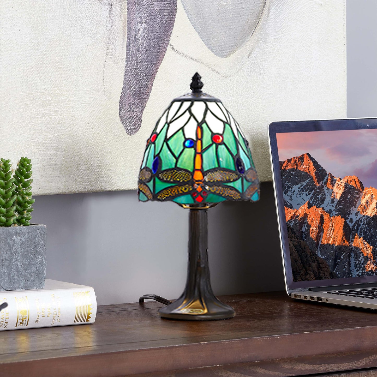 Rsbrillialite Dragonfly Stained Glass Lamp, Small Tiffany Style Table Light