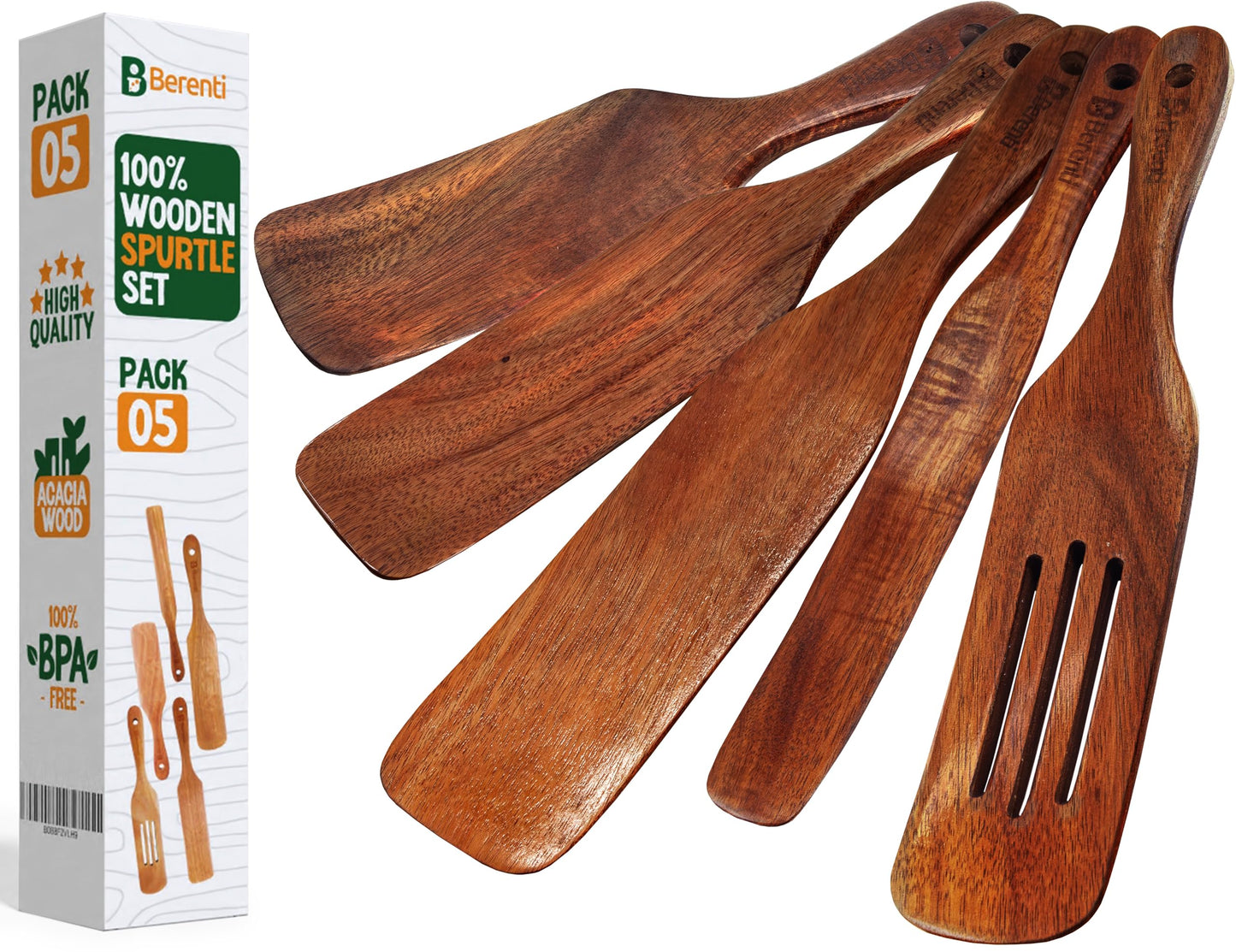 5-Pieces Wooden Spurtle Set – Acacia Wood Kitchen Tools for Cooking, Mixing & Stirring – Non-Stick Safe Spurtle Spatula Set