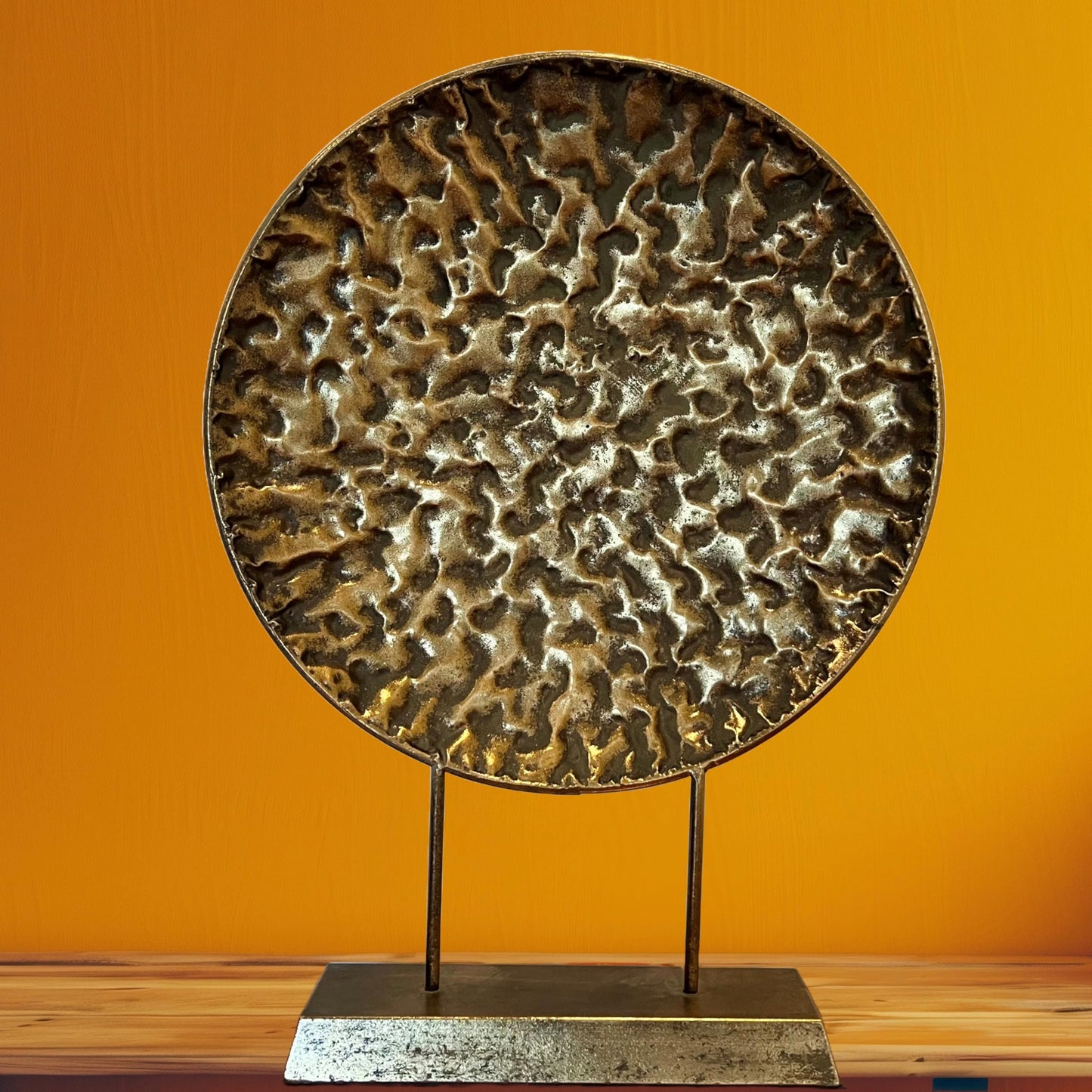 WHW Whole House Worlds Modernist Table Top Sculpture, Abstract Round, Textured Disc, Gold, Dark Patina, Post Mounted, Gallery Base, 23.5 Inches