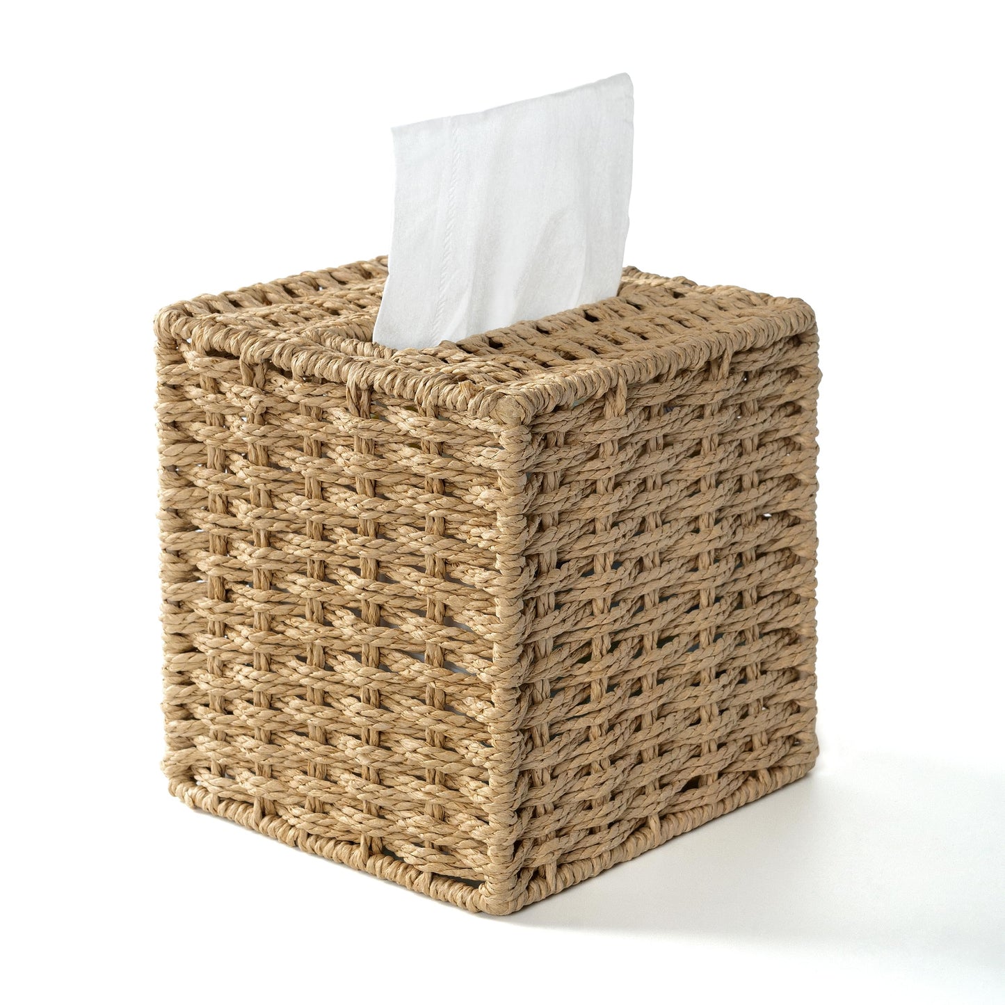 AELS Farmhouse Tissue Box Cover Square, Hand Woven Strawpaper Facial Tissue Paper Holder, Cute Tissue Box Holder Square, Boho Bathroom Decor Box for Tissues Cube Box w/Elastic Bottom, Natural
