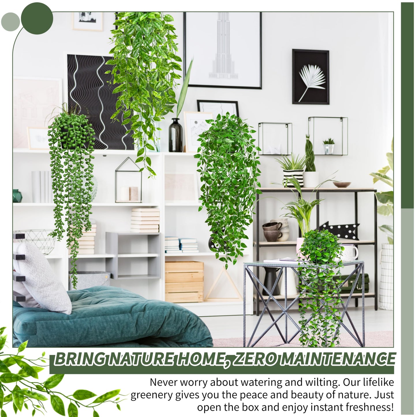 Palonu 4 Pack Faux Artificial Hanging Plants, UV Resistant Fake Potted Greenery with Eucalyptus Vine, Mandala, Pea Pod Leaves & String of Pearls in Pots for Living Room Bathroom Indoor Outdoor Décor