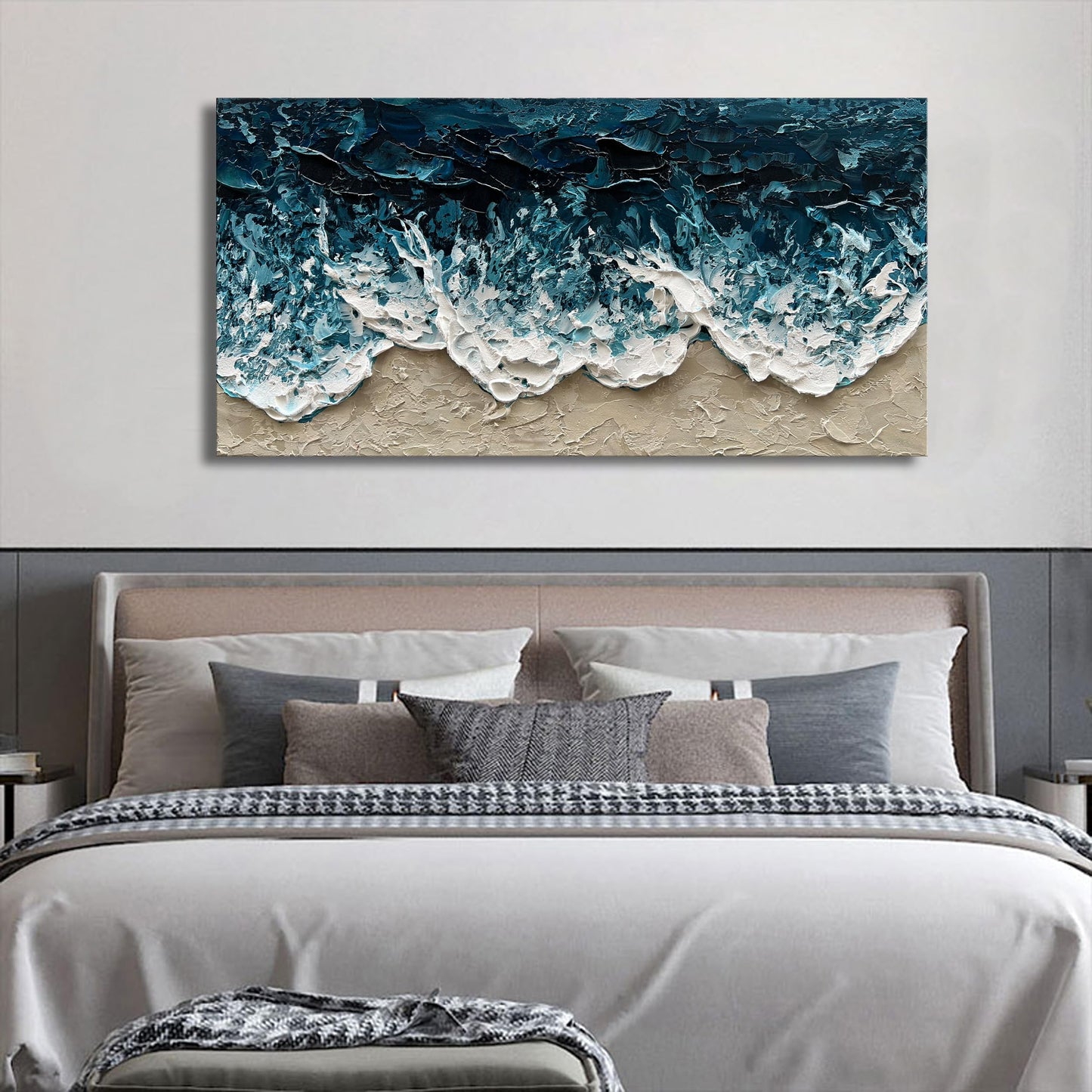 Diathou Art Hand-Painted Blue Ocean Beach Landscape Oil Painting Large Abstract Canvas Art Home wall Decoration 24x48 inches