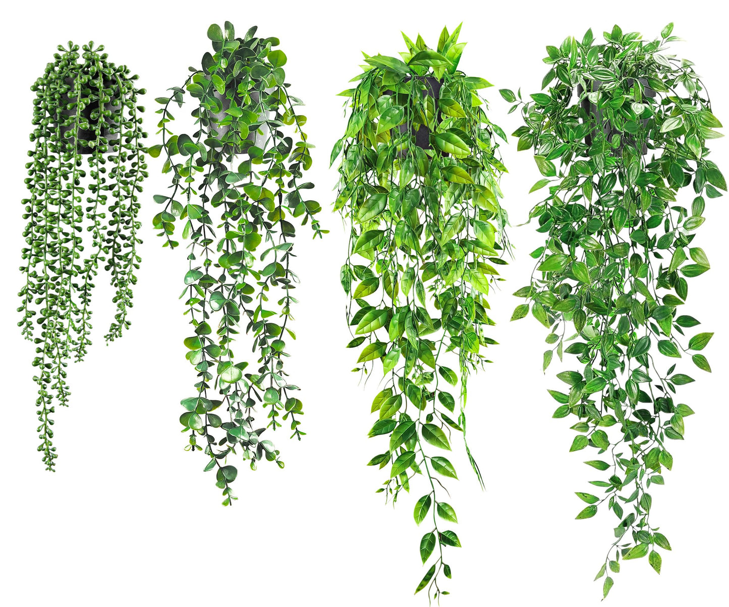 USLAI Artificial Hanging Plants Vine, Fake Potted Greenery Faux Eucalyptus, Mandala, String of Pearls, Pea Pod Leaves in Pot for Office Living Room Bathroom Indoor Outdoor Décor (4 Pack)