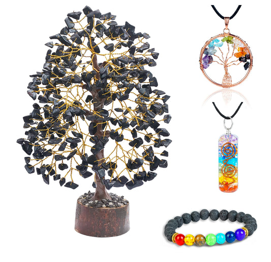 Crocon® Black Tourmaline Crystal Tree of Life with Bracelet & 2 Pendants Feng Shui Gem Tree Decor Healing Crystals Spiritual Black Gifts for Home & Room Decor Gifts for Women, Girlfriend, Her & Sister