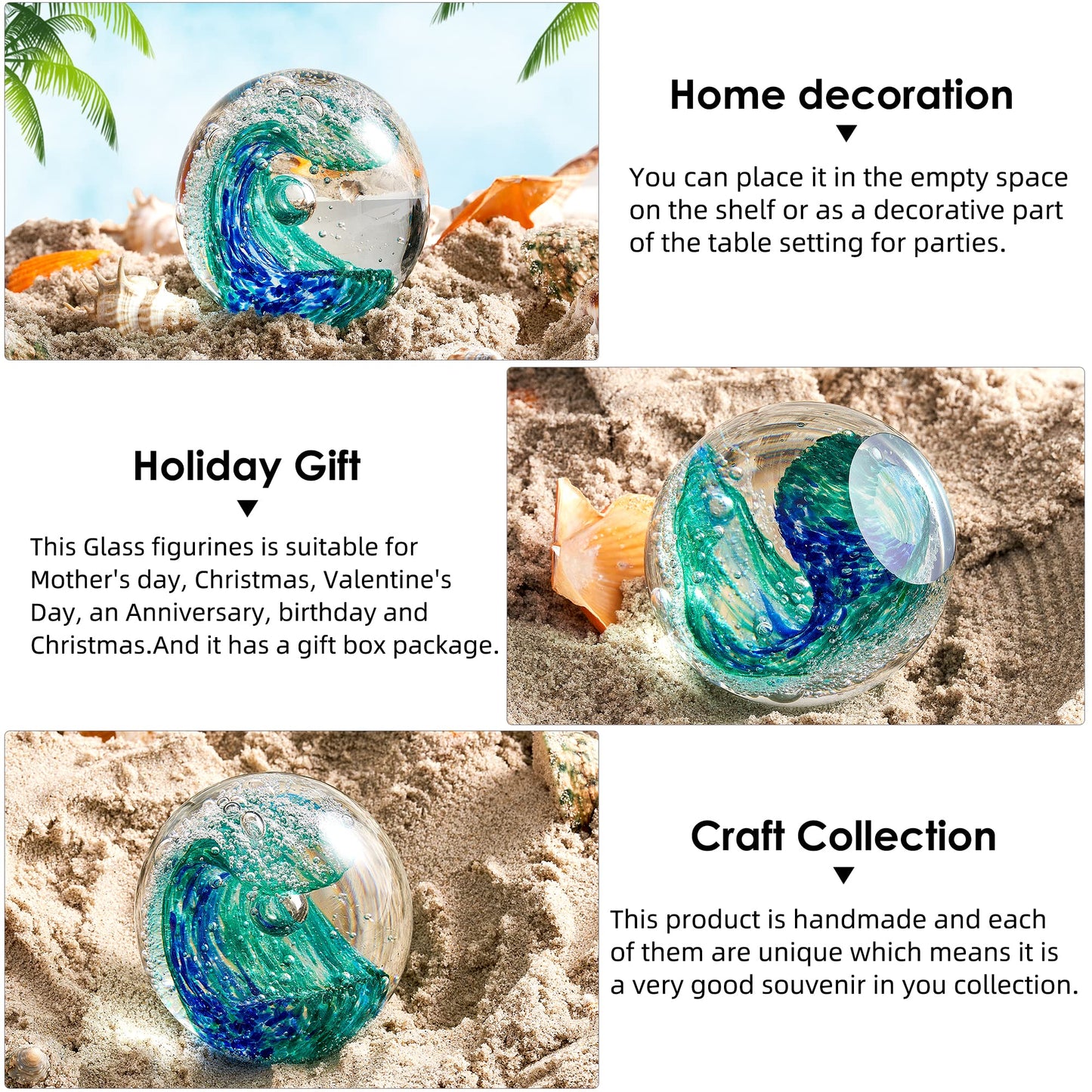 EUSTUMA Hand Blown Glass Figurines Ornament,Sea Animal Ornament for Fish Tank Aquarium,Sea Animals Collection for Birthday Gift,Paperweight Glass Ball (Wave Paperweight)