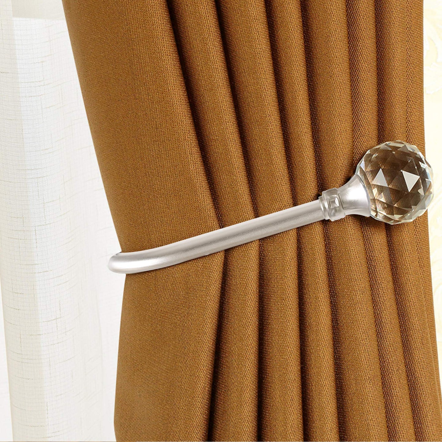 Curtain Holdback, 2pcs Wall Mounted Drapery Tiebacks with Clear Crystal Ball, Heavy Duty Metal Decorative Window Drapery Curtain Holder Curtain Hooks with Screws, Sliver