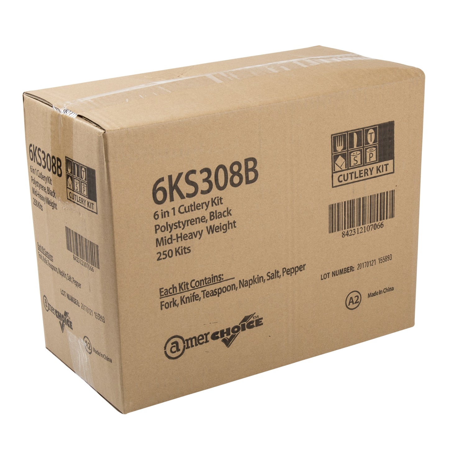 AmerCare Six Piece Meal Kit with 12 x 13 Napkin, Salt and Pepper, Medium-Heavy Weight Fork, Knife, and Teaspoon, Case of 250