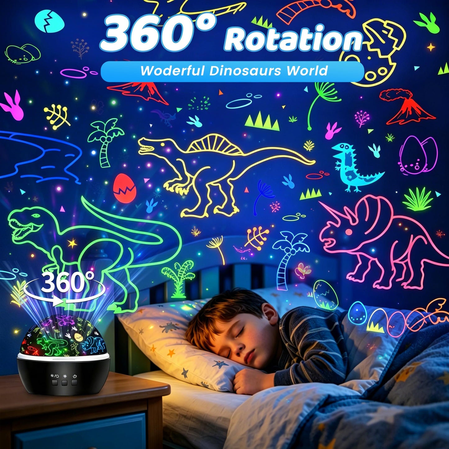 MINGKIDS Night Light for Kids,2 in 1 Rotating Projector Lamp with Dino&Vehicles Theme,2 Ways to Charge,Baby Night Light Ceiling Projector for Bedroom Kids Room Decor
