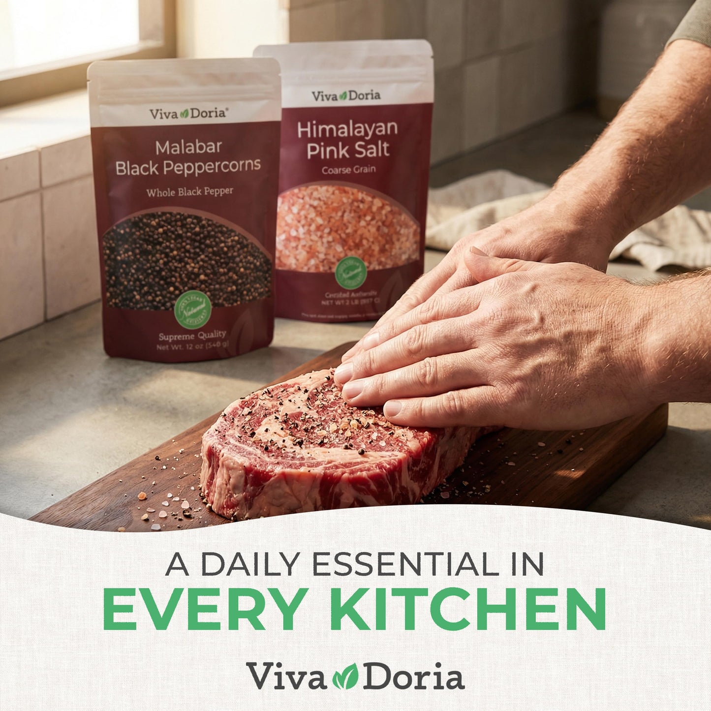 Viva Doria Malabar Whole Black Peppercorns, 12 Oz & Himalayan Pink Salt, Coarse Grain, 2 lb | Mineral Salt & Whole Black Pepper | Combo Pack | Grinder Refill Pack | Refills for Grinders