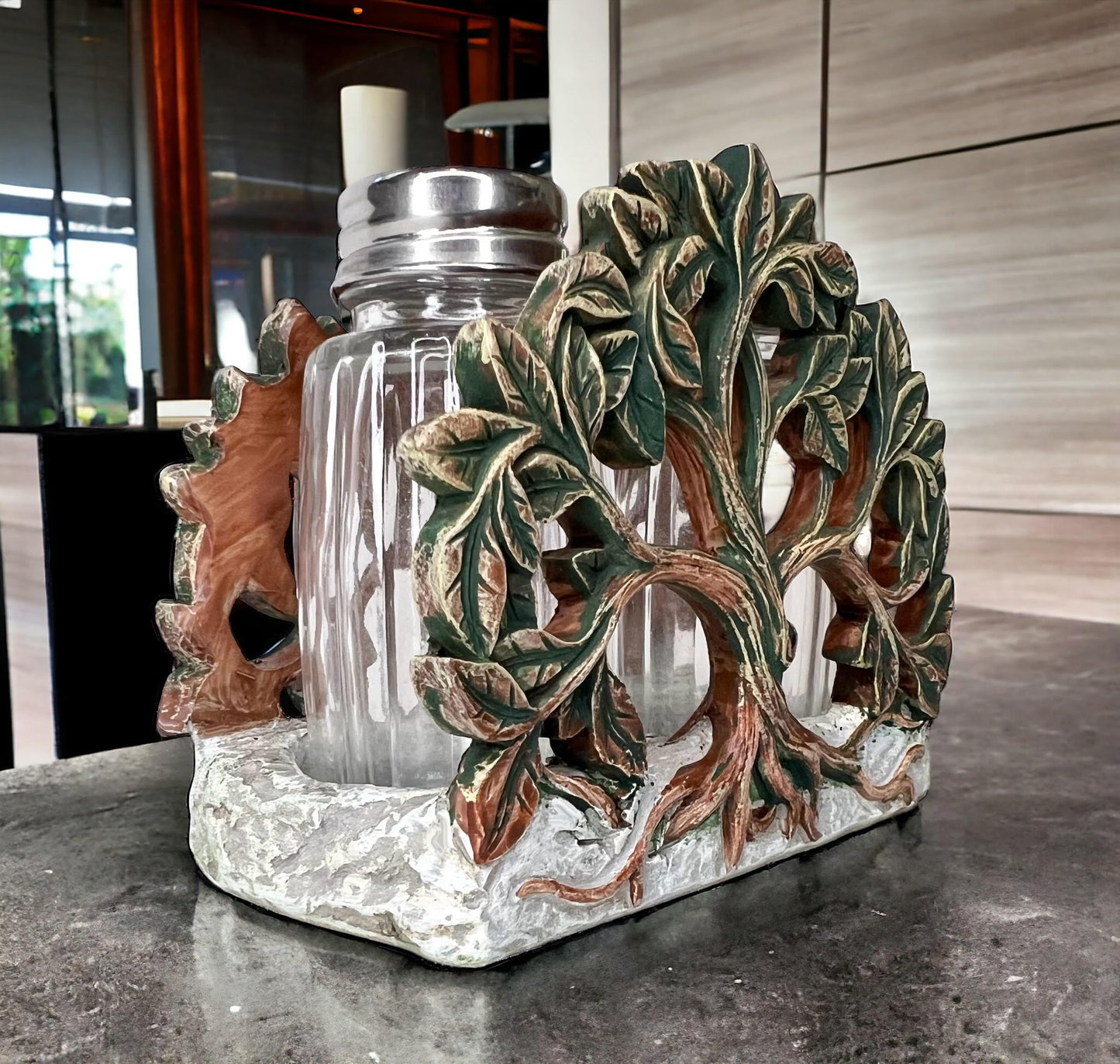 Tree of Life Salt and Pepper Shaker Set - Holder and Two Glass Shakers with Stainless Tops – Decorative Modern Rustic Celtic Spiritual Art