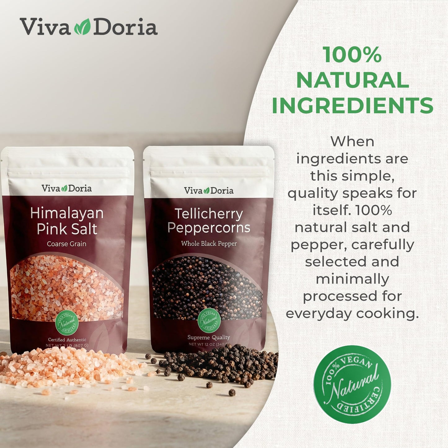 Viva Doria Tellicherry Whole Black Peppercorns, 12 oz & Himalayan Pink Salt, Coarse Grain, 2 lb | Salt and Pepper Combo, For Grinder Refills, 2 Piece Set