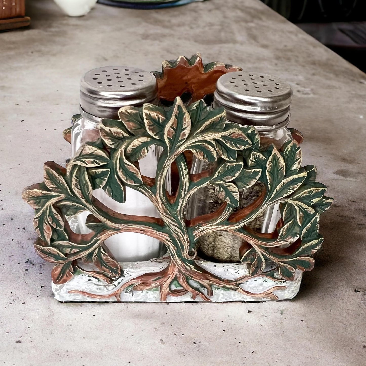 Tree of Life Salt and Pepper Shaker Set - Holder and Two Glass Shakers with Stainless Tops – Decorative Modern Rustic Celtic Spiritual Art