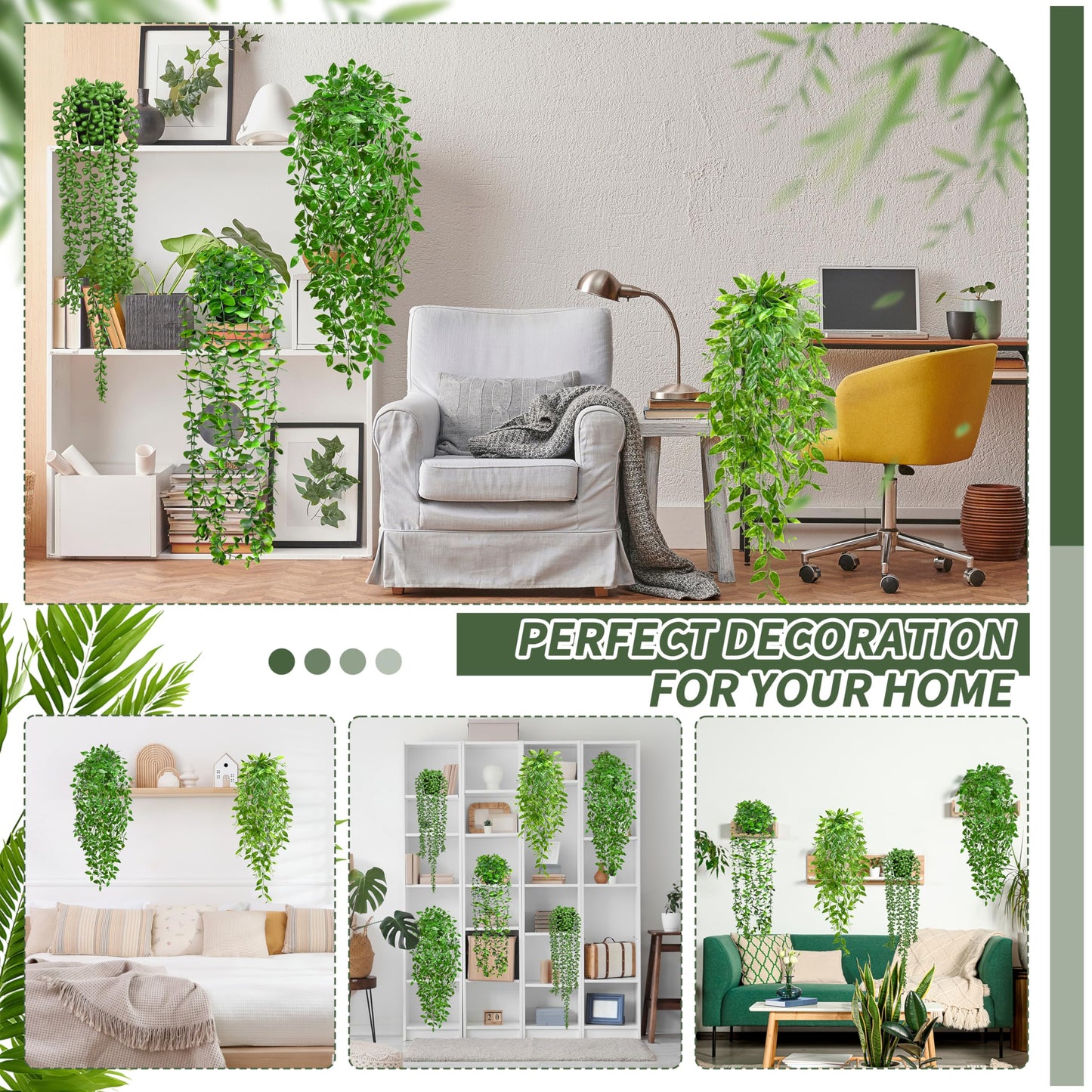 Palonu 4 Pack Faux Artificial Hanging Plants, UV Resistant Fake Potted Greenery with Eucalyptus Vine, Mandala, Pea Pod Leaves & String of Pearls in Pots for Living Room Bathroom Indoor Outdoor Décor