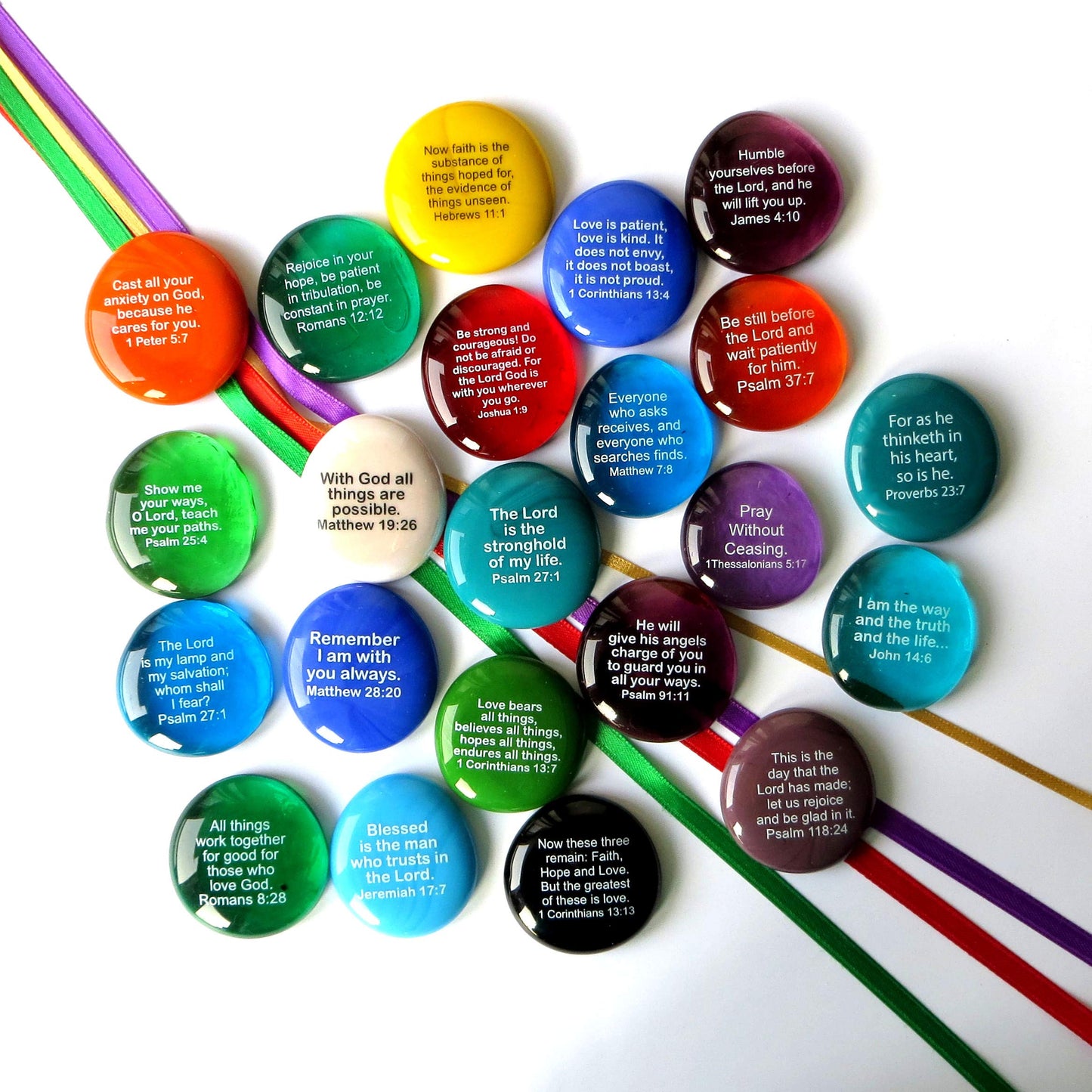 Lifeforce Glass Scripture Glass Stones, 24 of Your Favorite Inspiring Bible Verses on Translucent and Opaque Rocks, Set II.