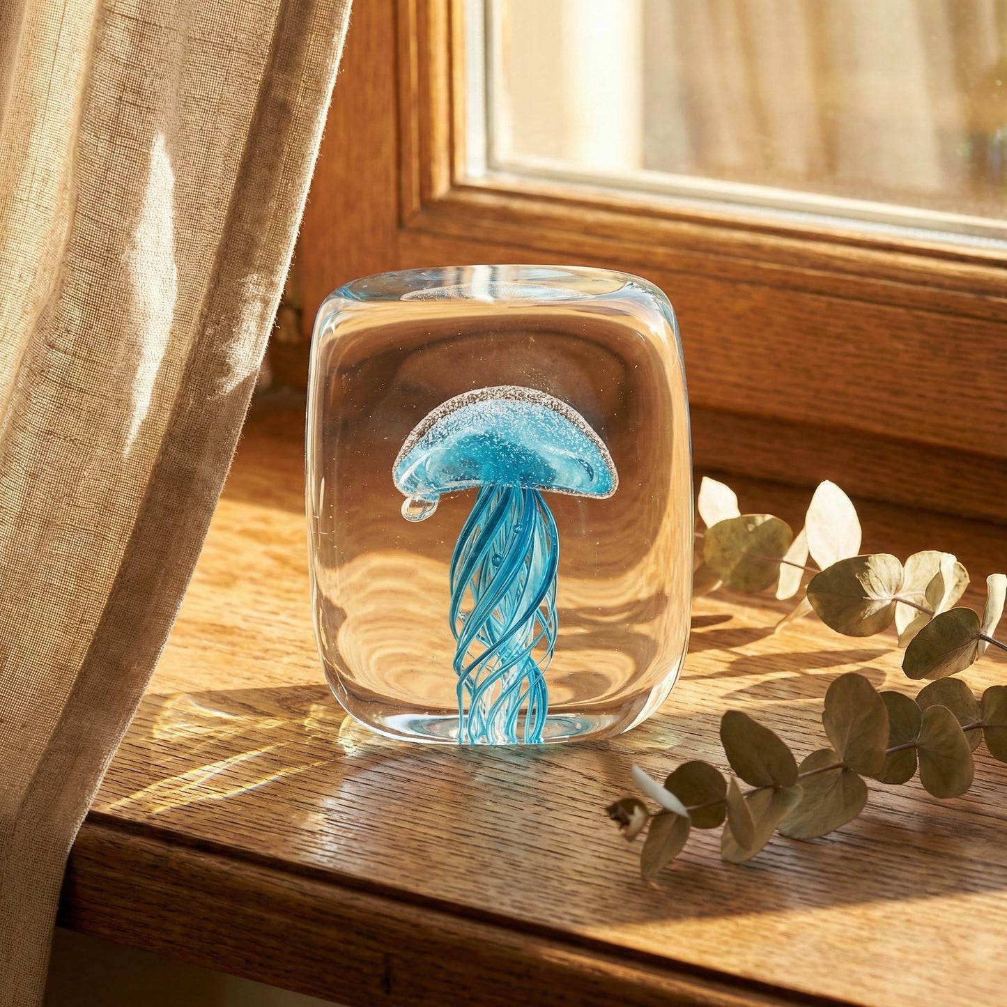 kangming Hand Blown Glass Jellyfish Paperweight, 4" Blue Marine Animal Art Sculpture, Glow in The Dark Rectangular Block, Coastal Home Desk Decor Gift (Bondi Blue)