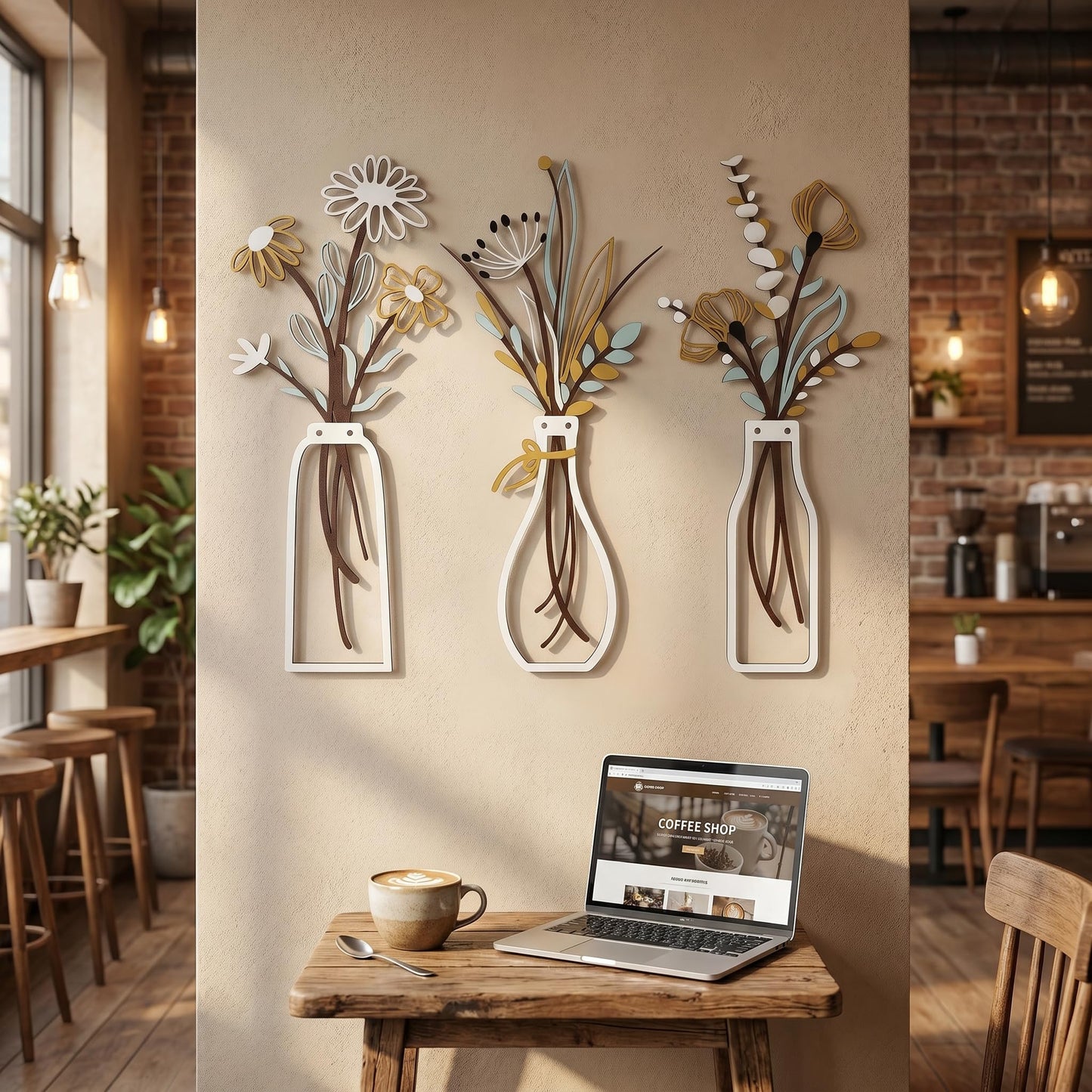 NCzhaozhao 3 Pieces White Metal Flower Vase Wall Art Sculptures | Minimalist Botanical Wall Decor for Living Room Bathroom Bedroom Kitchen Farmhouse Home Decor