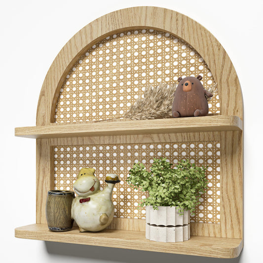 LUDORU Wood Boho Rattan Wall Shelf - 2-Tier Arched Wicker Floating Shelf Natural Wood New Boho Shelf, Rustic Farmhouse Nursery Decor Shelves Wall Mounted, Neutral Handcrafted (16''l Natural Color)