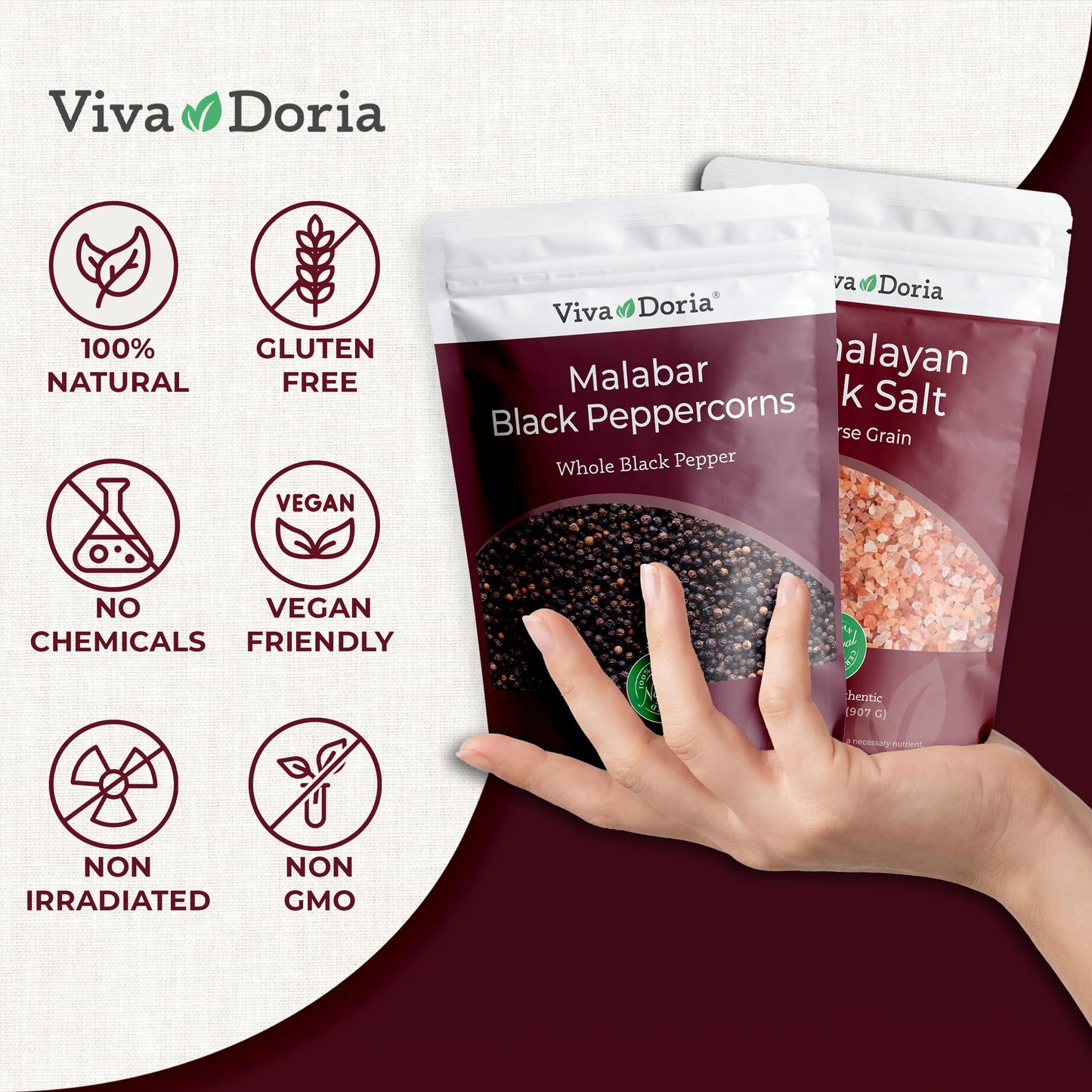 Viva Doria Malabar Whole Black Peppercorns, 12 Oz & Himalayan Pink Salt, Coarse Grain, 2 lb | Mineral Salt & Whole Black Pepper | Combo Pack | Grinder Refill Pack | Refills for Grinders