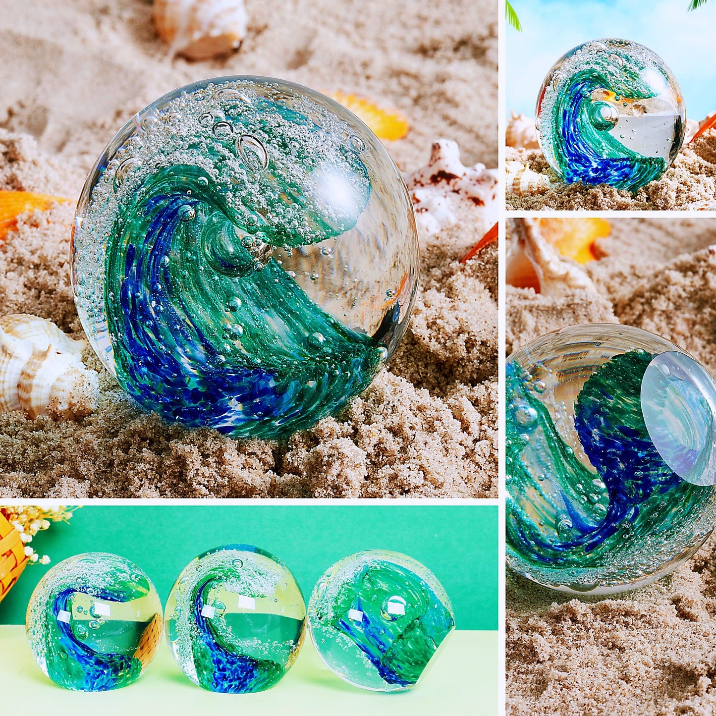 EUSTUMA Hand Blown Glass Figurines Ornament,Sea Animal Ornament for Fish Tank Aquarium,Sea Animals Collection for Birthday Gift,Paperweight Glass Ball (Wave Paperweight)