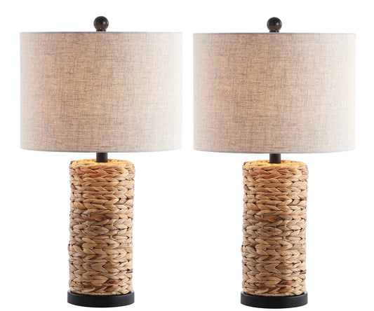 JONATHAN Y 25" Natural Coastal Water Hyacinth Table Lamp Set of 2, Bedside Lamp with Light Grey Linen Shade, Boho Farmhouse Decor for Living Room Nightstand, LED Bulbs JYL6502A-SET2