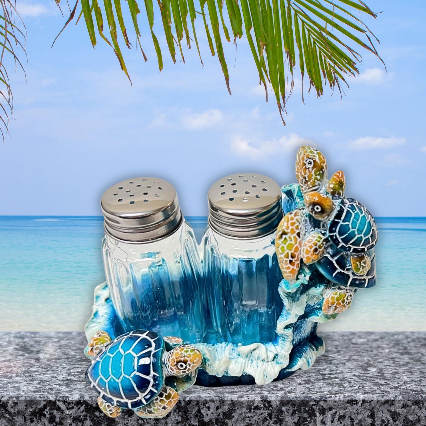 Nautical Sea Turtle Salt and Pepper Shakers Set with Holder for Beach House Interior Style - Coastal Living Room Accents, and Marine Life Theme Decorative Shakers Set
