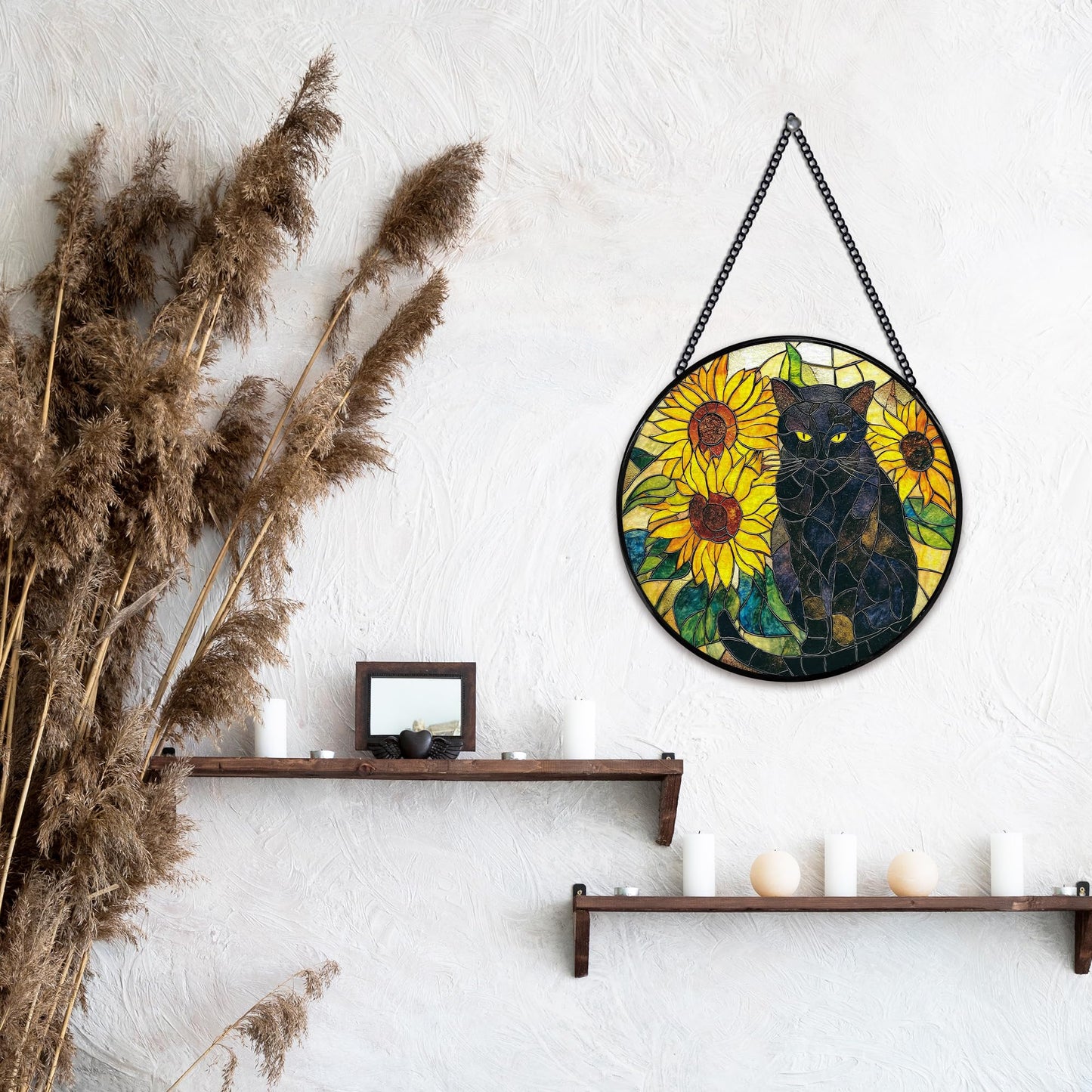 Hiuwevt Black Cat Sunflower Suncatcher Stained Glass Window Hanging, Cat Flower Sun Catchers Indoor Window Glass Wall Art Decor, Black Kitten Sunflower Round Wall Hanging Decorations, 7.9x7.9 inch