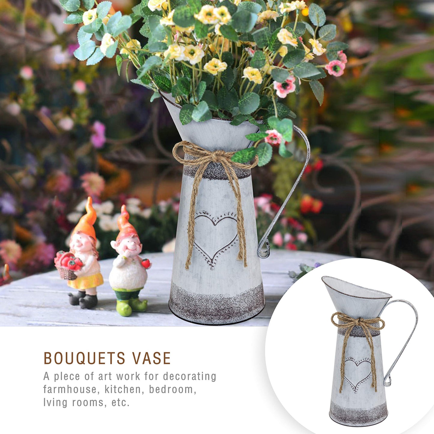 Soyizom French Country Style Vase Primitive Jug, Rustic Decor Flower Vase Shabby Chic Milk Jug Can Tin Pot Metal Farmhouse Pitcher Vase for Wedding Party Christmas Decoration，11" Pitcher