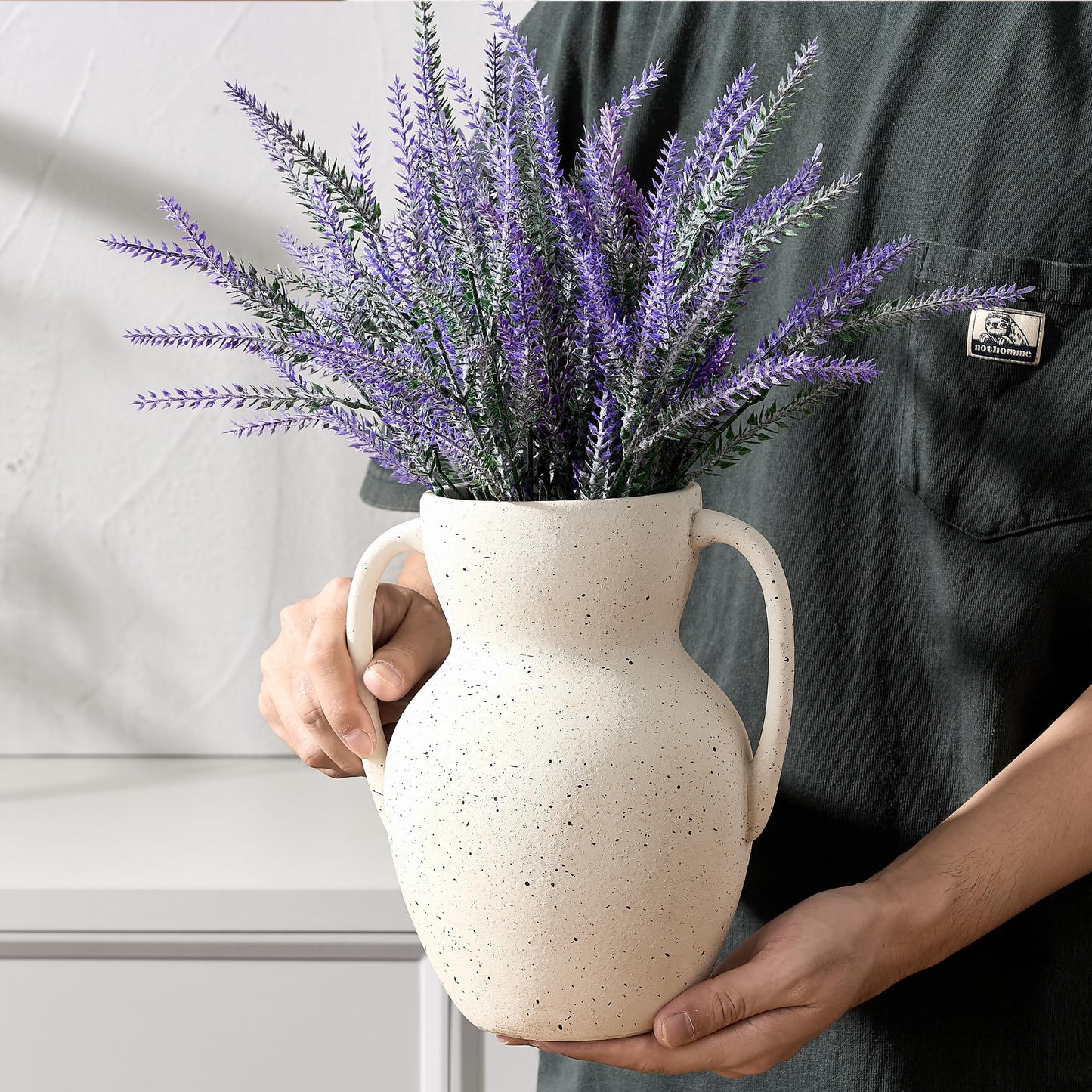 Emotionally Grounded Vase, Vaseking Large Ceramic Rustic Vase with 2 Handles, 8.6 inch Minimalist Decorative Farmhouse Vases for Home Decor, Living Room, Enterway, Table Decoration, Speckled White