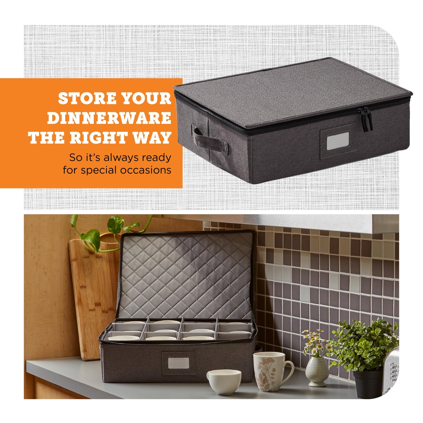 storageLAB Cup and Mug Storage Containers, Hard Shell Storage Case with Felt Dividers for Cups, Mugs, Dishes, and Glasses, Ideal for Kitchen Organizing and Moving Supplies - 1 Pack, Gray