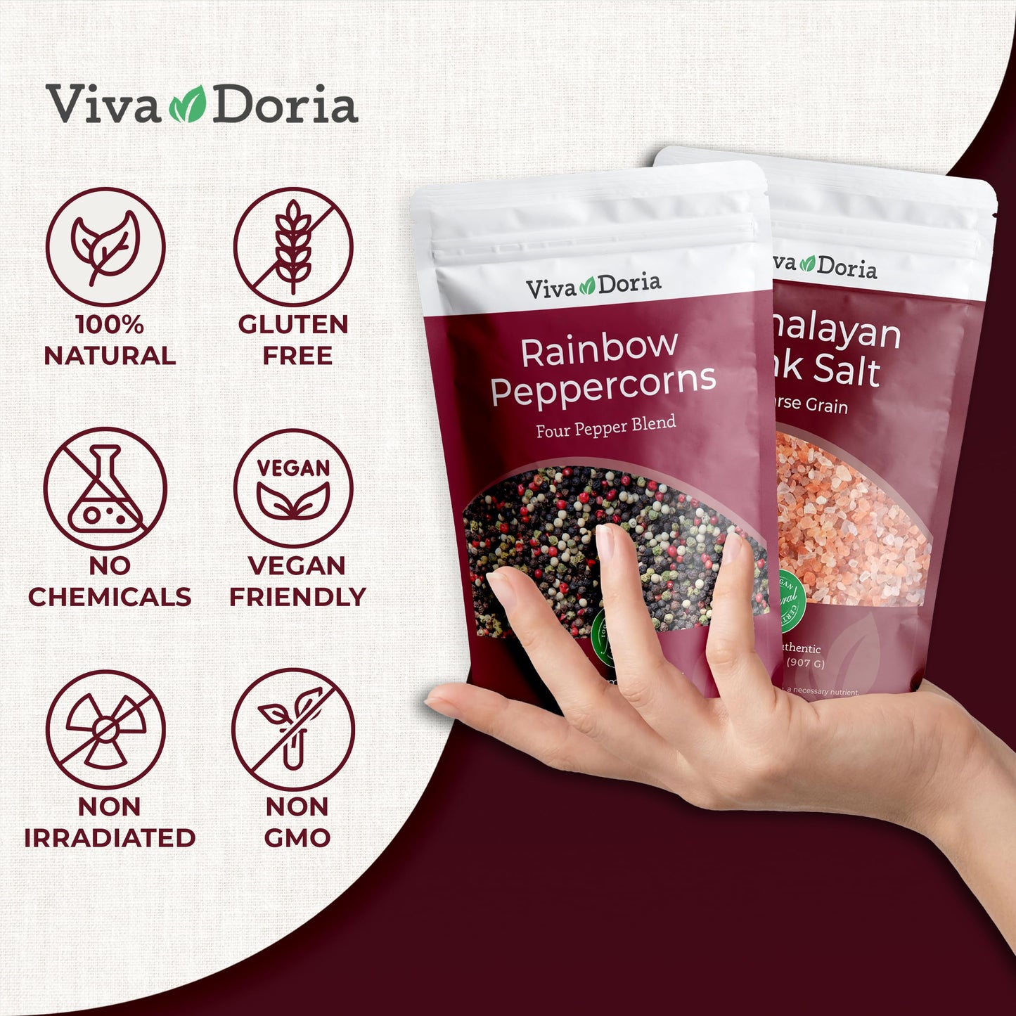 Viva Doria Rainbow Peppercorns Blend 12 oz & Himalayan Pink Salt, Coarse Grain, 2 lb – Steam Sterilized Mixed Whole Peppercorns and Coarse Salt for Grinder Refills, 2-Set Combo Pack